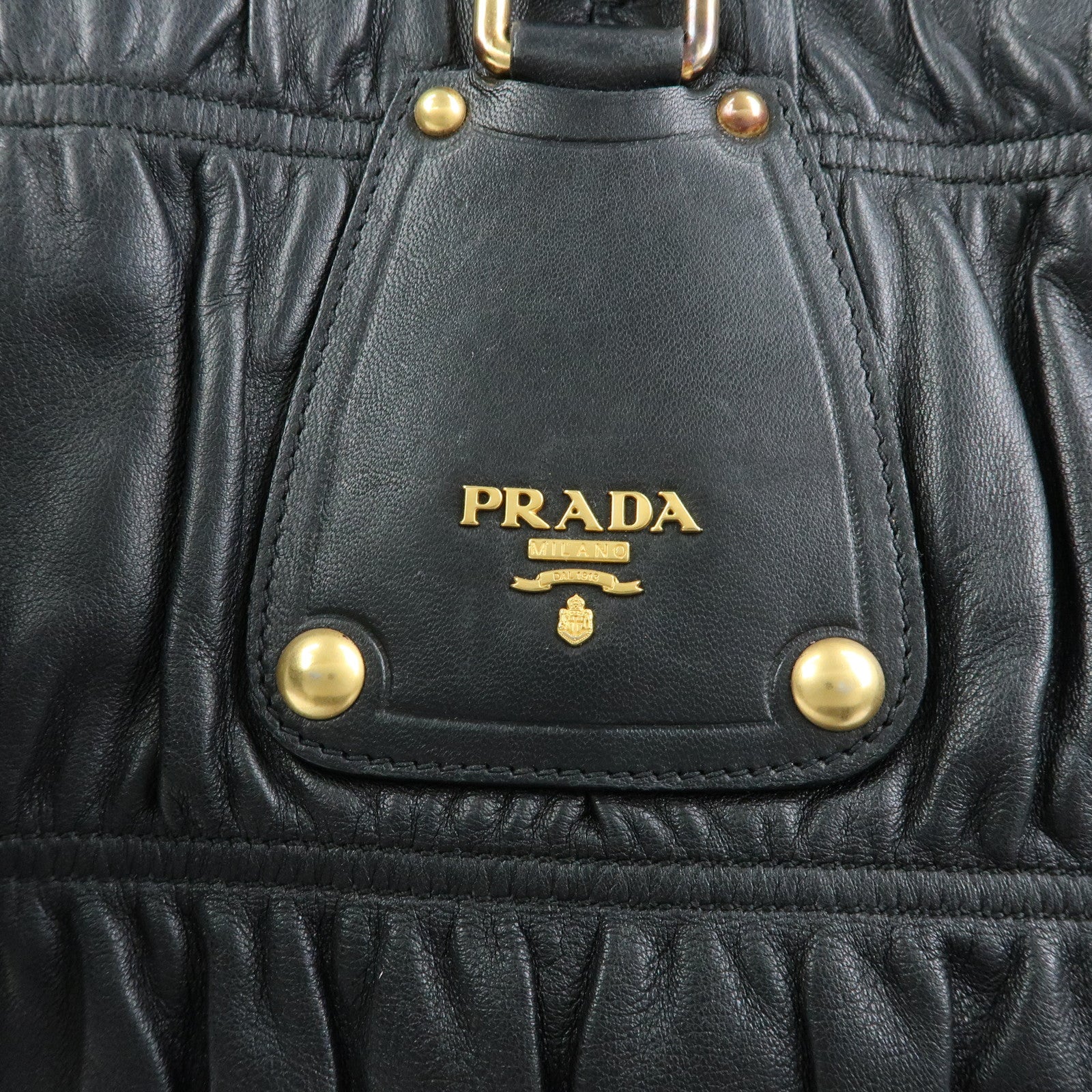 PRADA Logo Leather Gathered Tote Bag Hand Bag Black