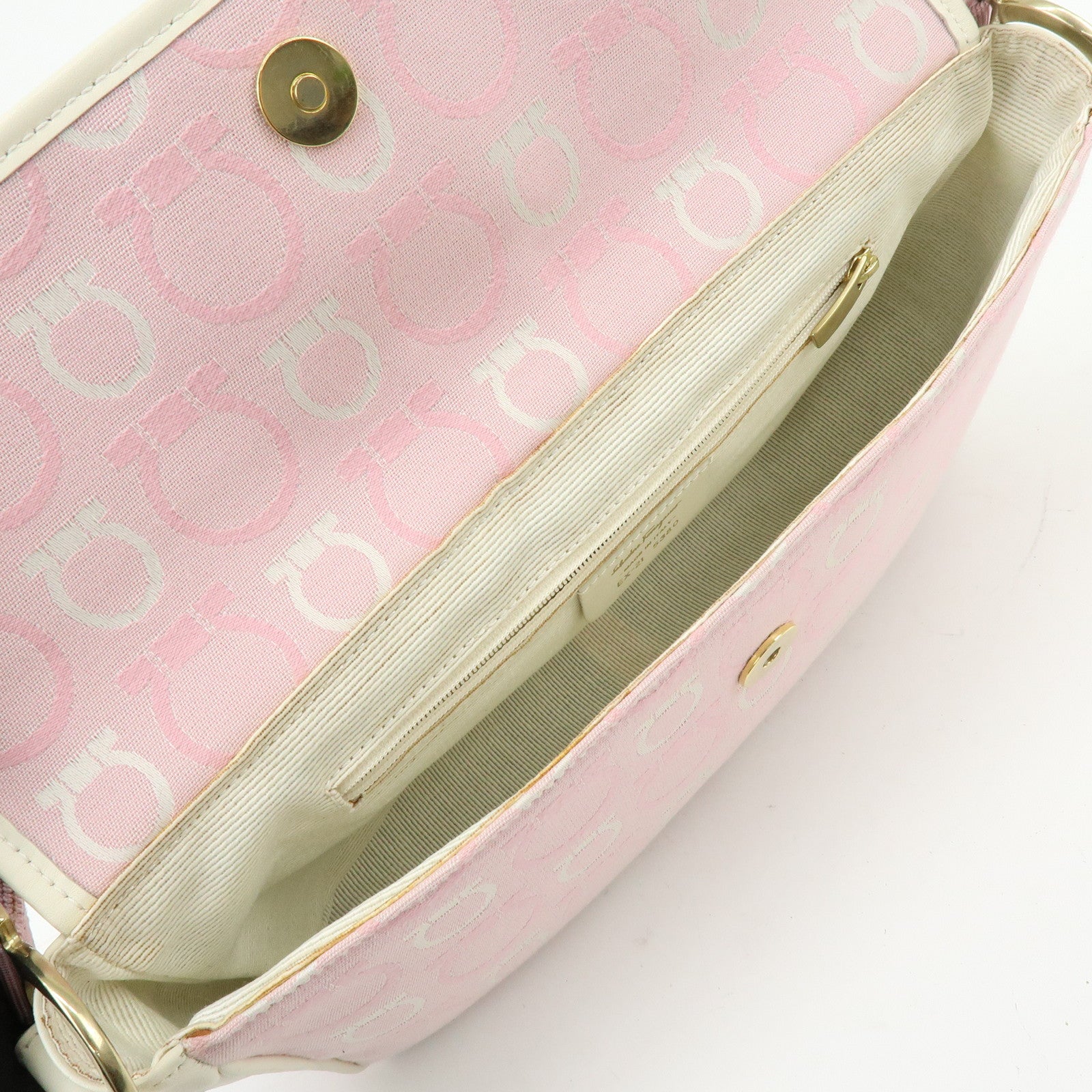 Ferragamo Gancini Canvas Leather Shoulder Bag Light Pink White