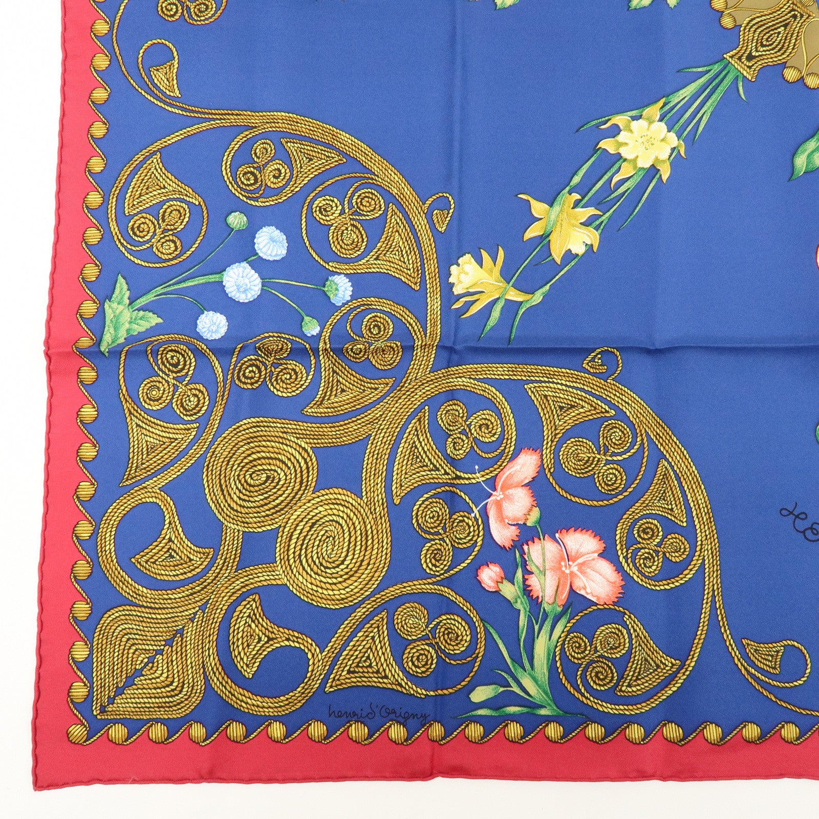 HERMES Carre 90 Silk 100% Scarf ARABESQUES Arabic Print Navy Red