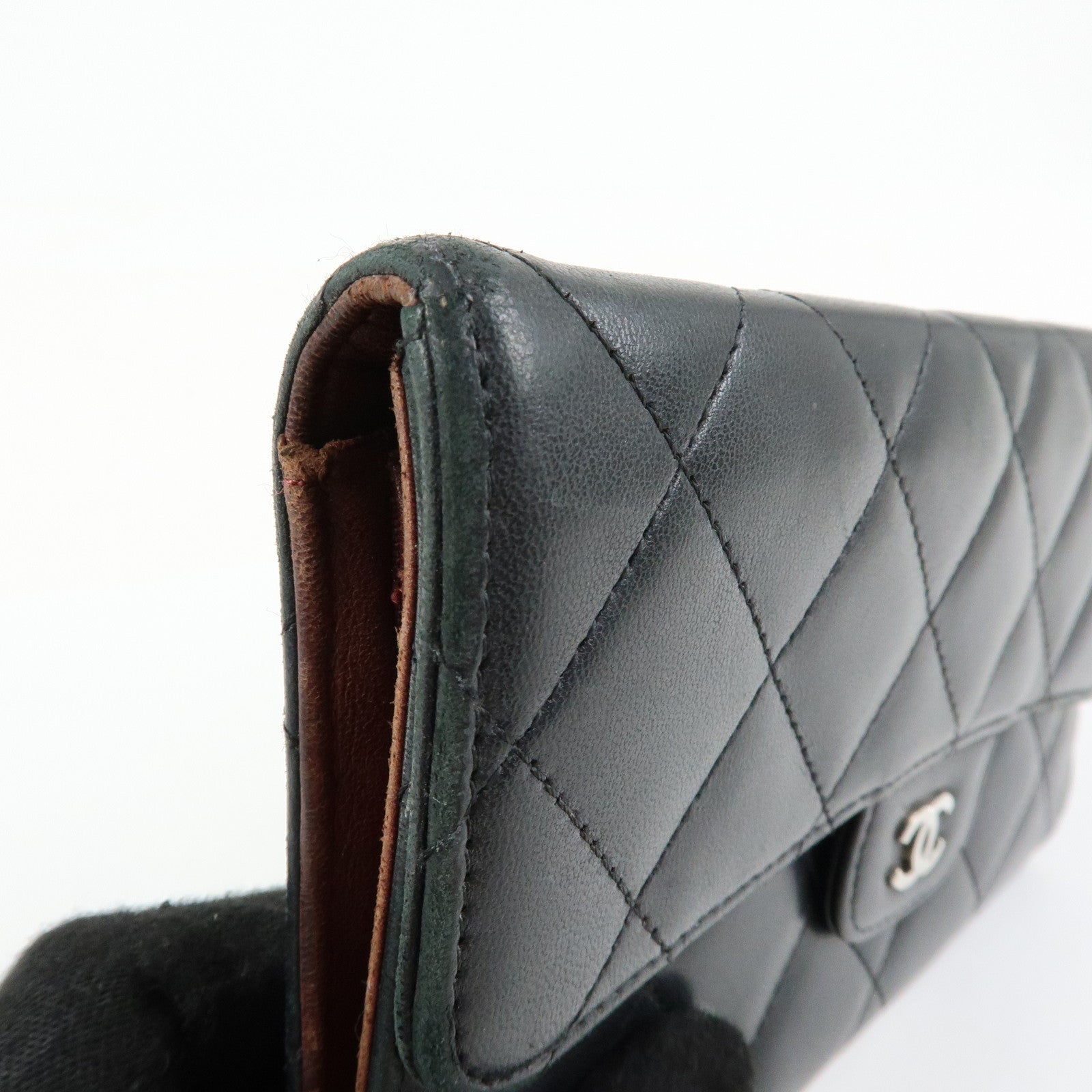 CHANEL Matelasse Lamb Skin Long Flap Wallet Black Silver A82281