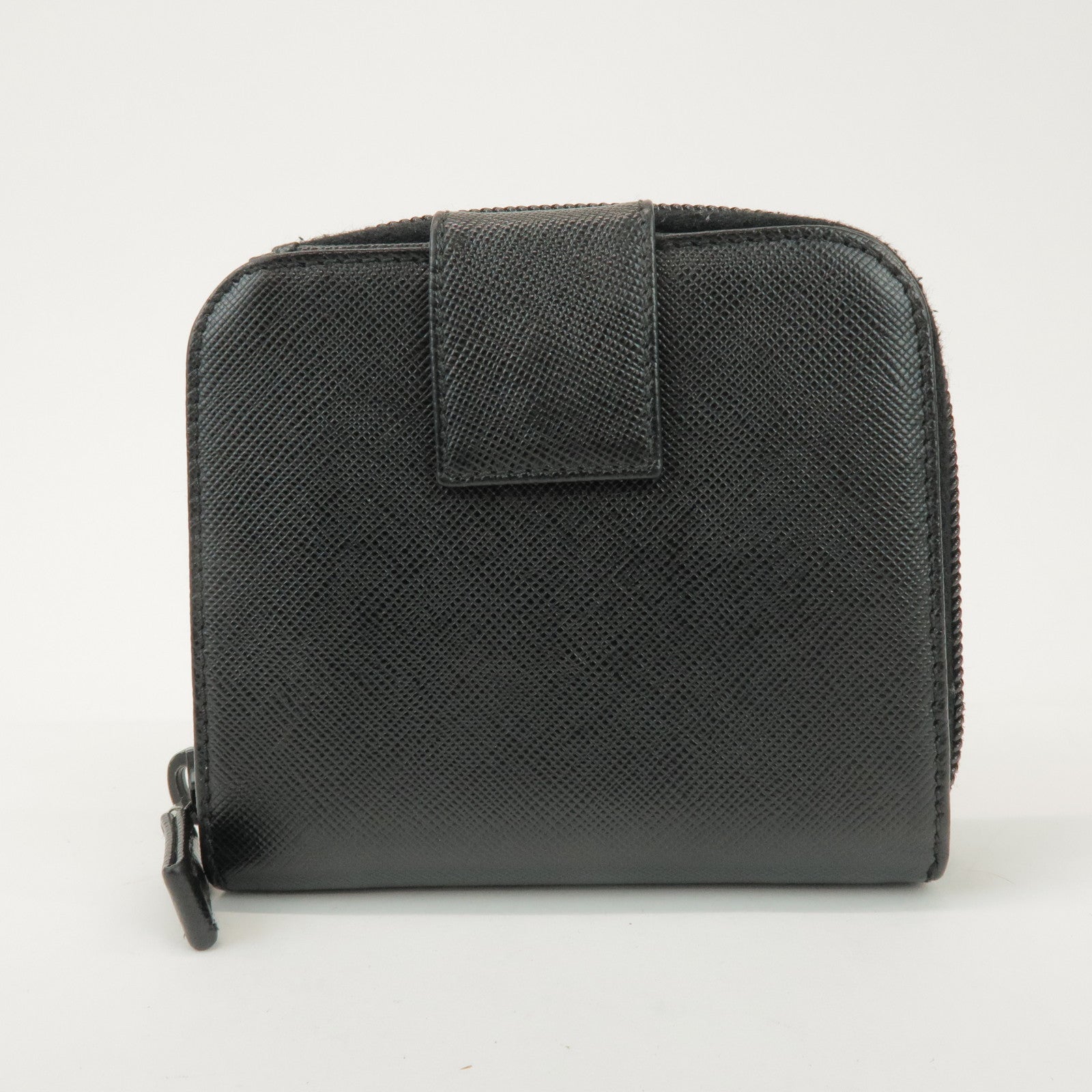 PRADA Logo Leather Round Zippy Bi-fold Wallet Black 1ML522