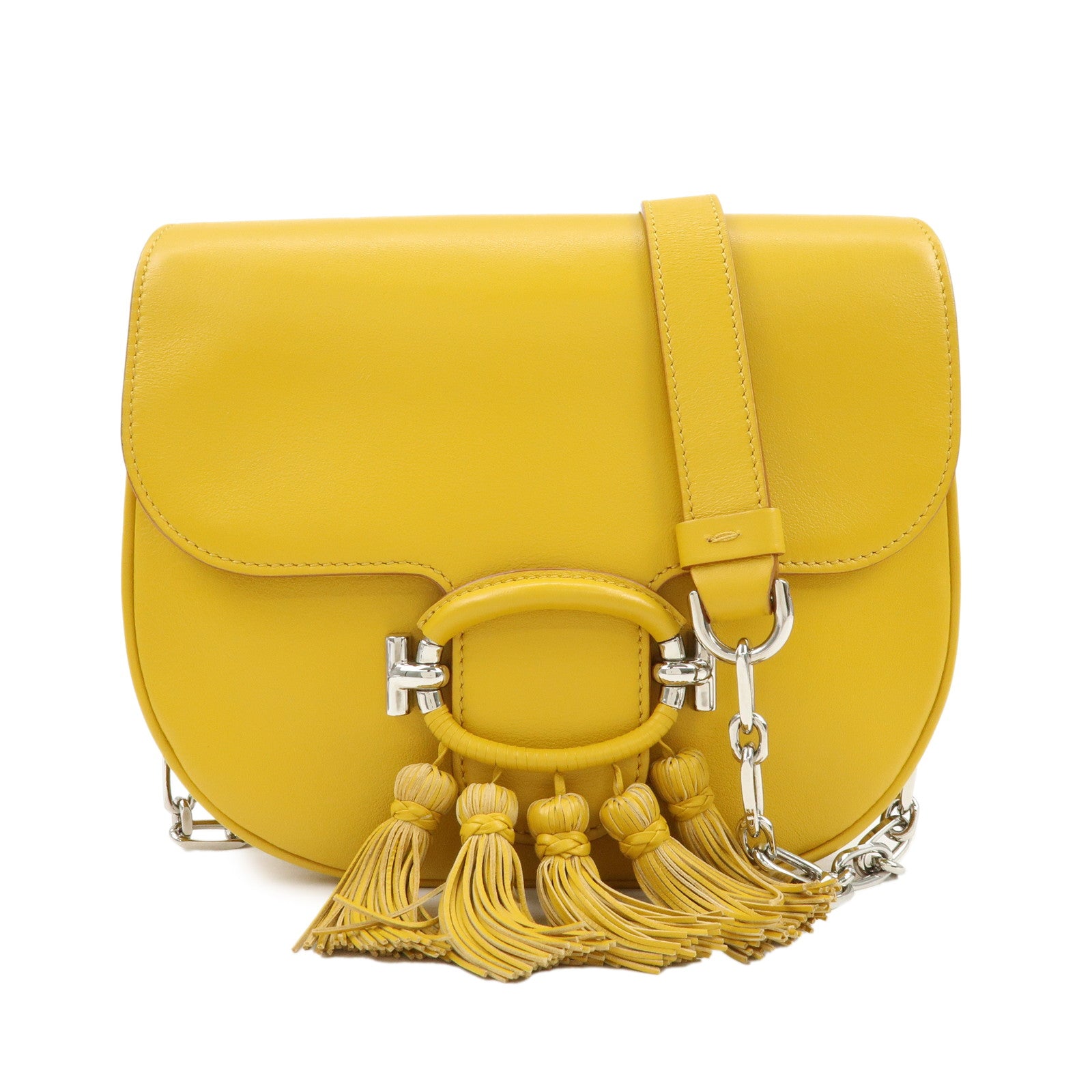 TOD'S Double T Tassel Leather Shoulder Bag Crossbody Bag Yellow