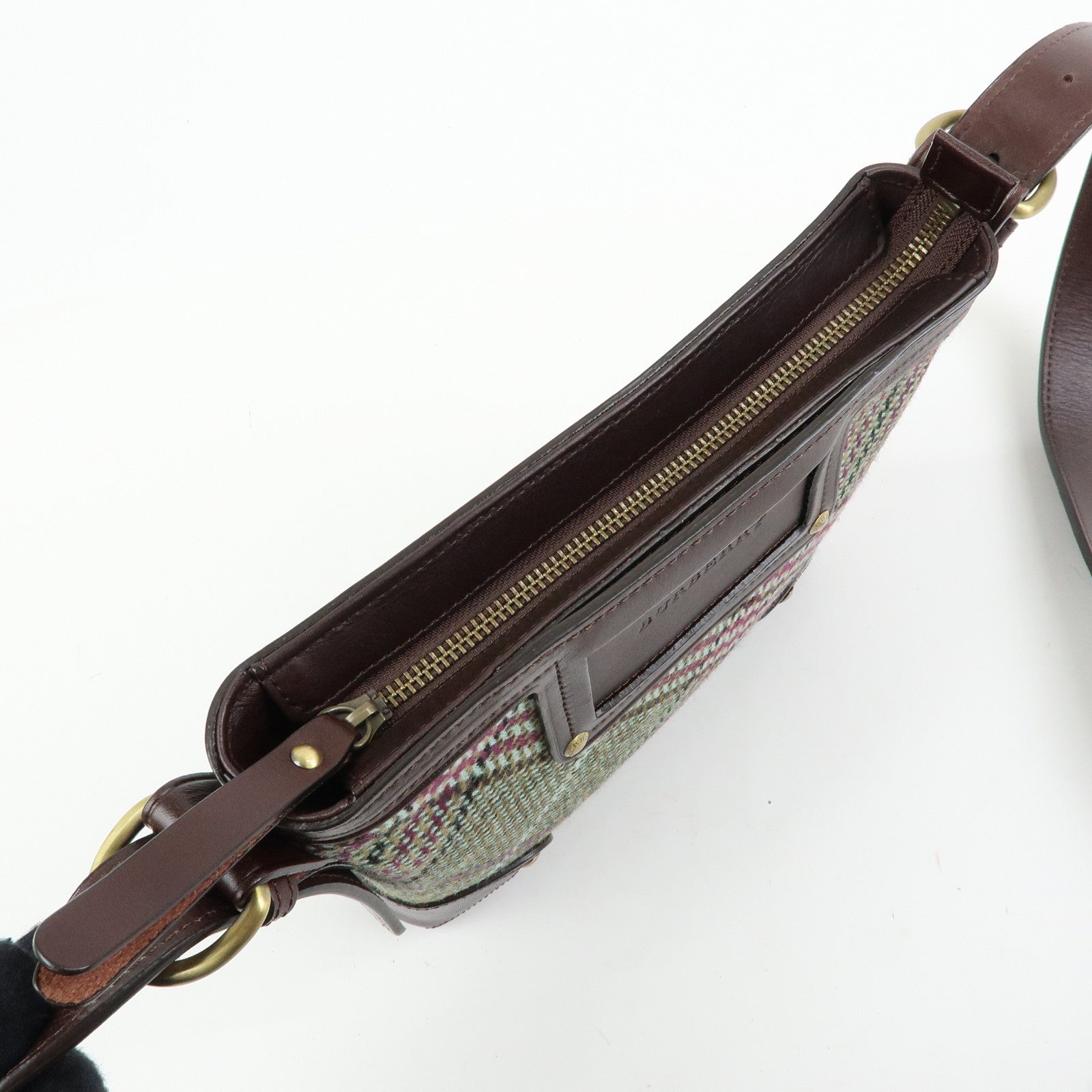 BURBERRY Wool Leather Shoulder Bag Crossbody Bag Brown Green