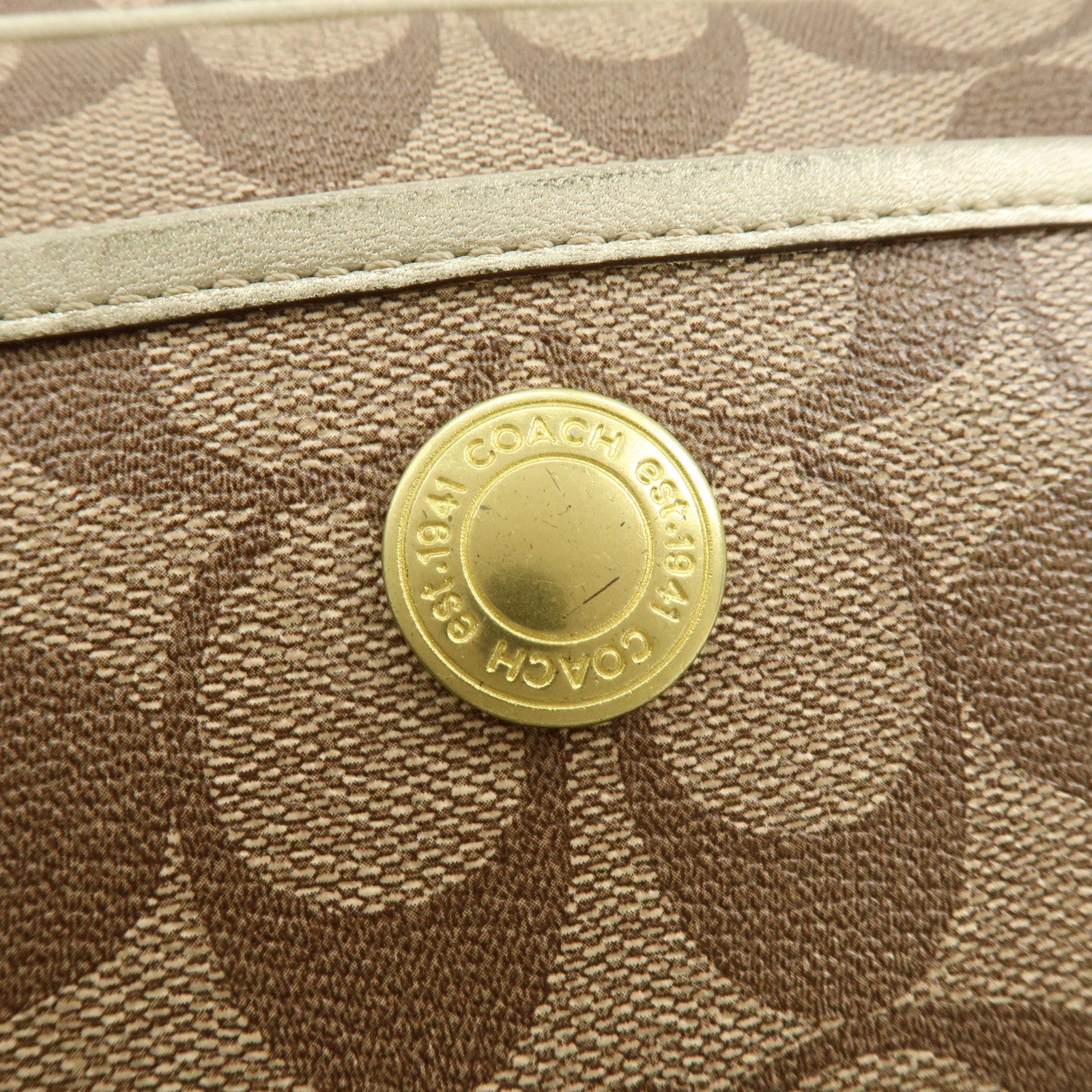 COACH Signature PVC Coated Canvas Leather Shoulder Bag Beige Gold