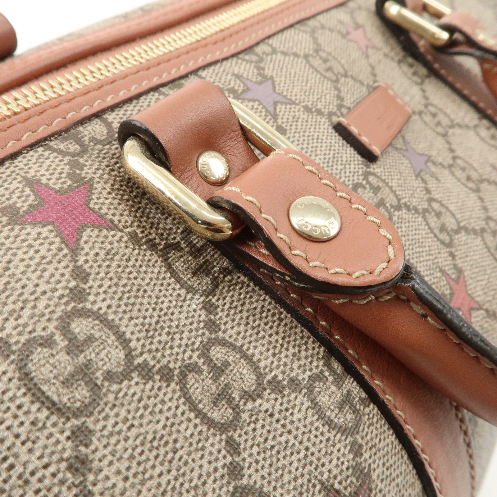 GUCCI GG Supreme Leather Boston Bag Beige Brown Star 193603