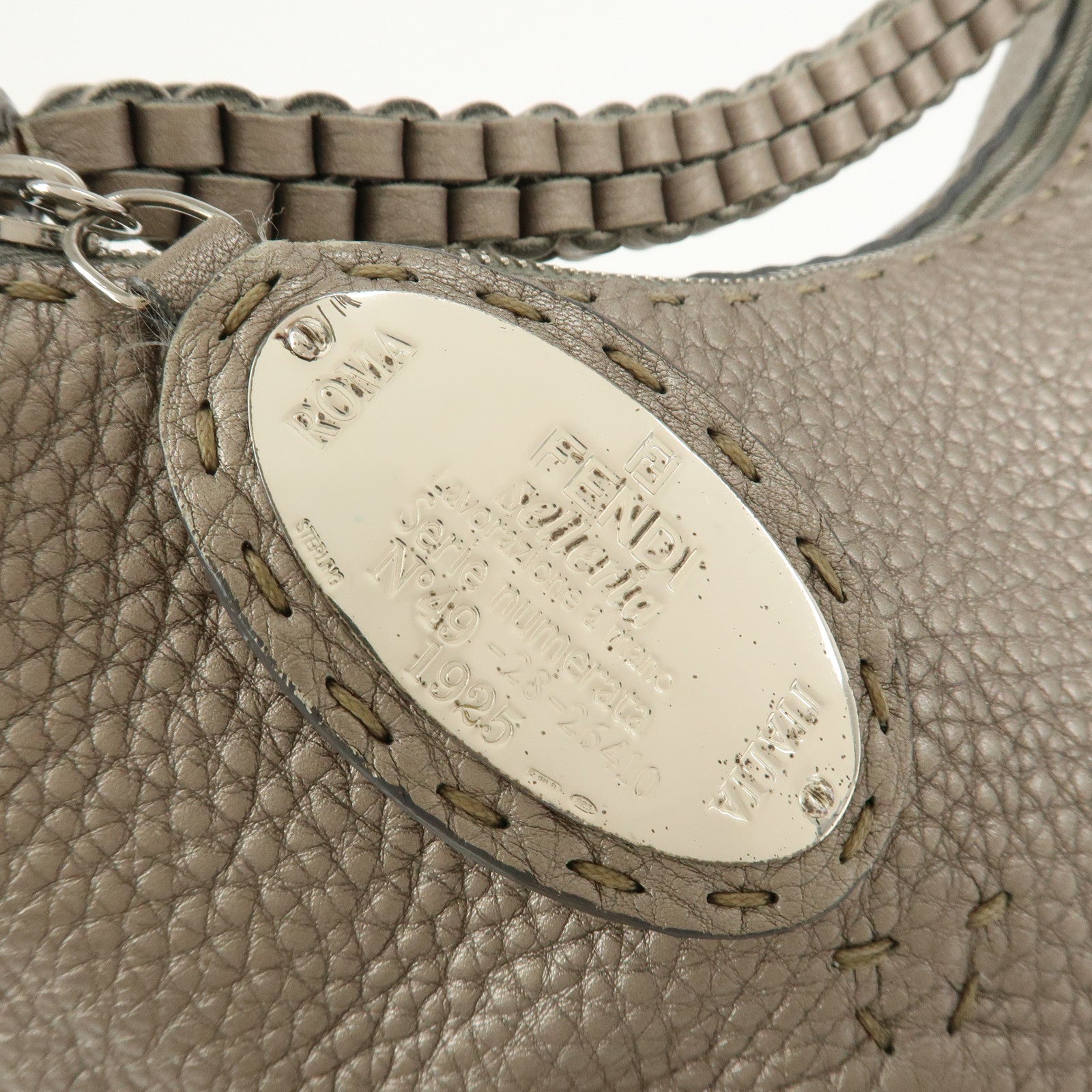 FENDI Selleria Leather Shoulder Bag Hand Bag Silver 8BR582