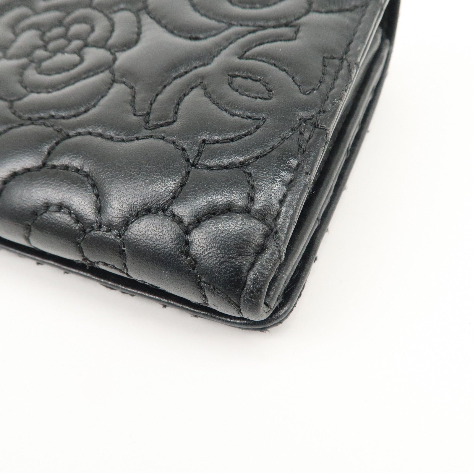 CHANEL Camelia No.5 COCO Mark Lamb Skin Bi-fold Long Wallet A70619 Used