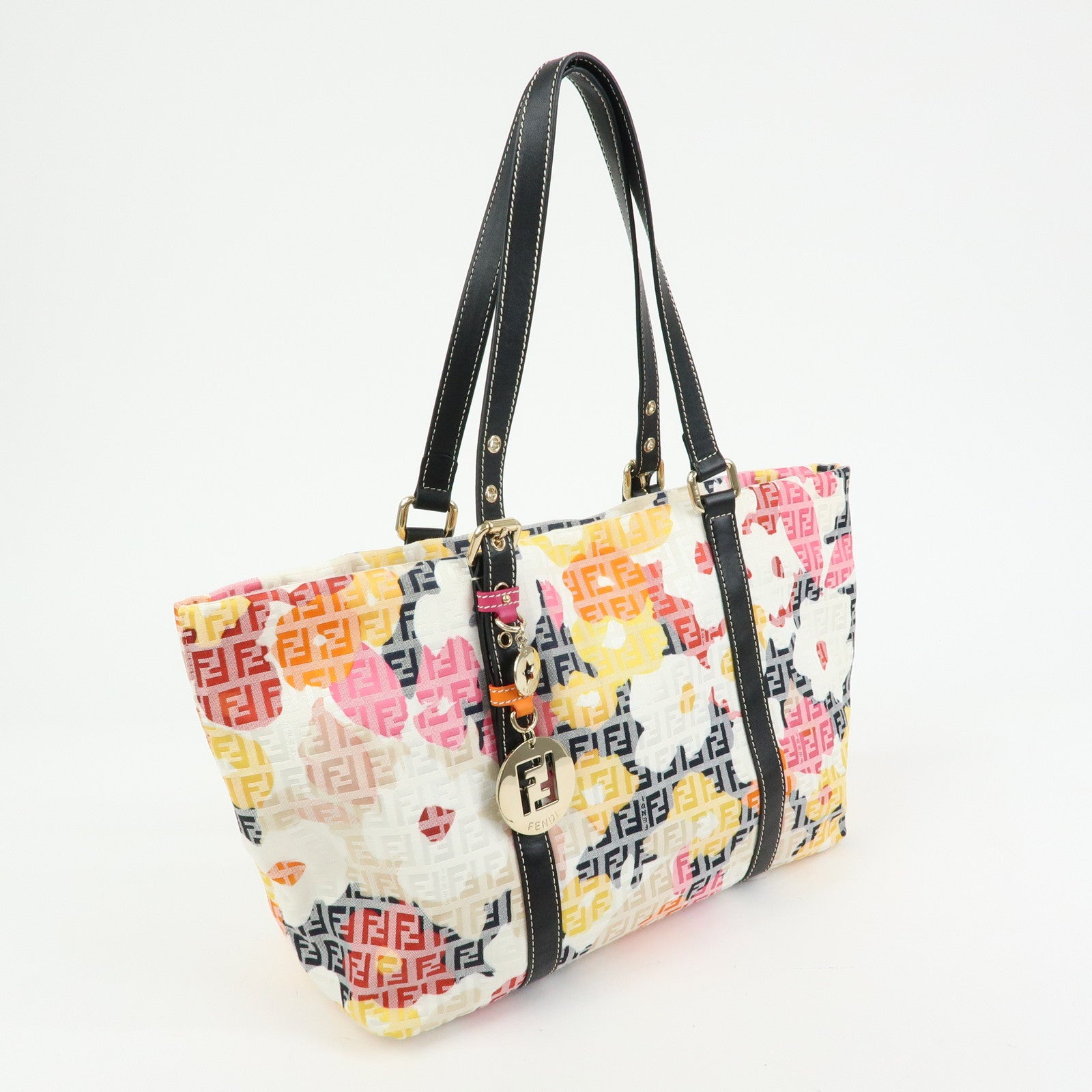 FENDI Zucchino Canvas Leather Flower Tote Bag Shoulder Bag 8BH215