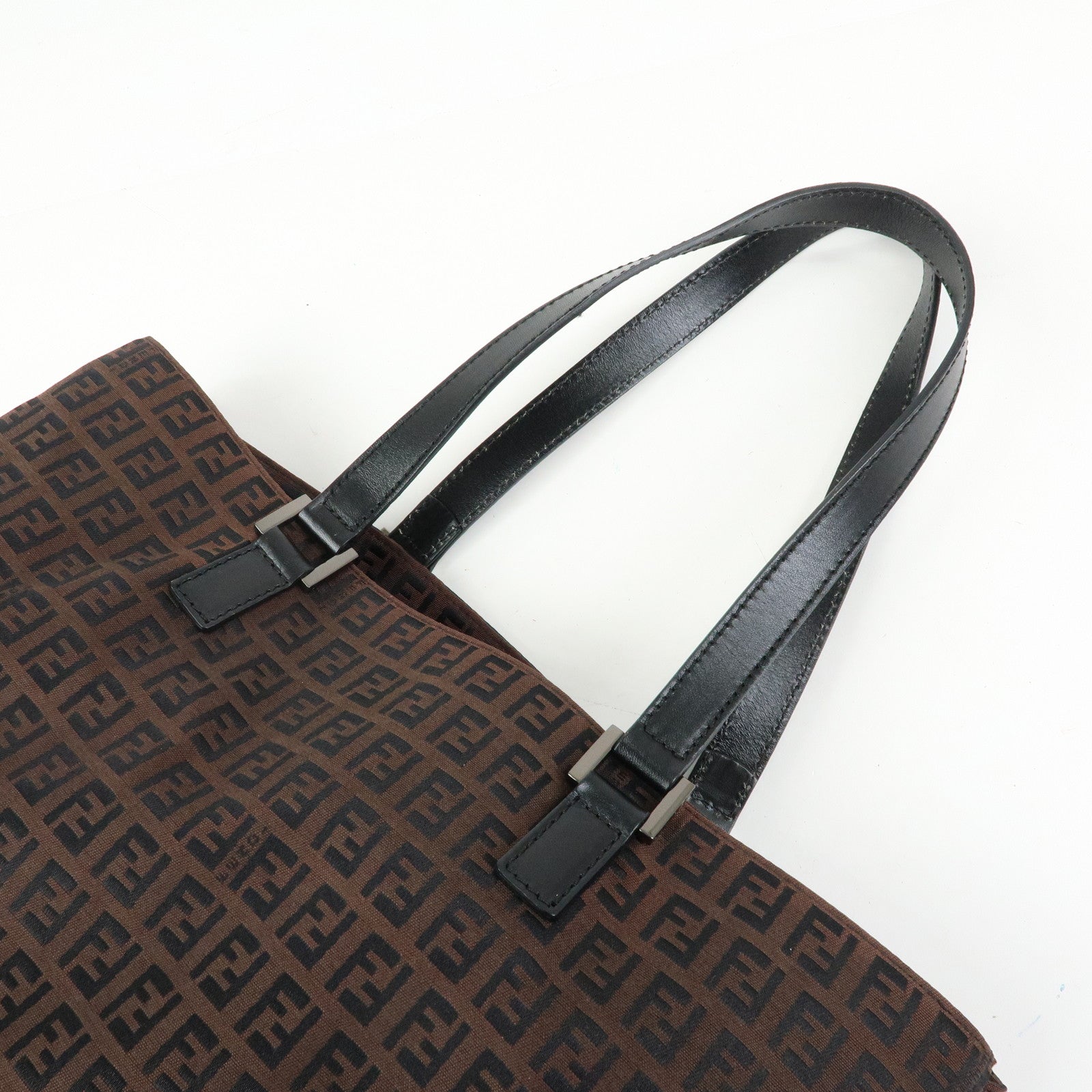 FENDI Zucchino Canvas Leather Tote Bag Hand Bag Brown Black