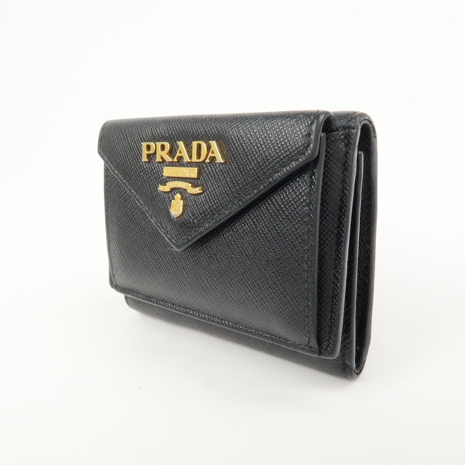 PRADA Logo Saffiano Metal Tri-fold Small Wallet Black 1MH021