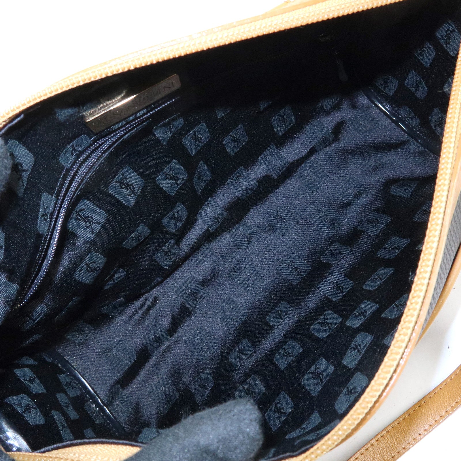 SAINT LAURENT PARIS PVC Leather Mini Boston Bag Hand Bag Navy Camel