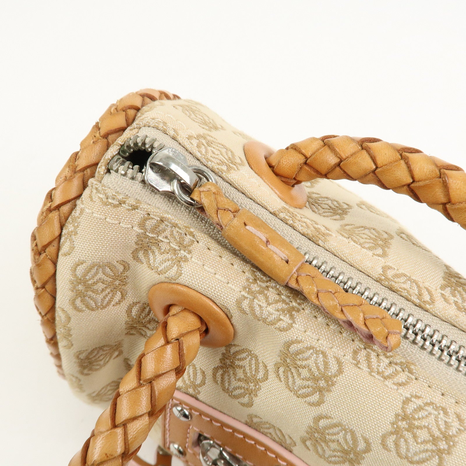 LOEWE Anagram Logo Canvas Shoulder Bag Leather Beige Light Brown