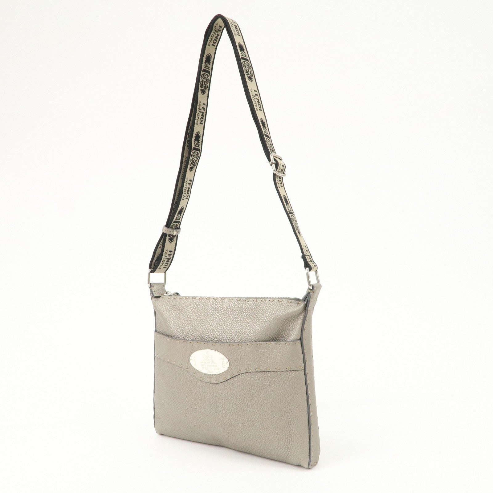 FENDI Selleria Leather Shoulder Bag Crossbody Bag Gray 8BT092