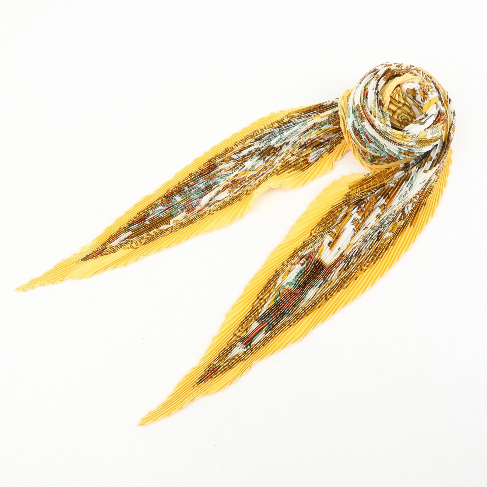 HERMES Pleated Carre 90 Silk 100% Scarf DECOUPAGES Yellow Brown