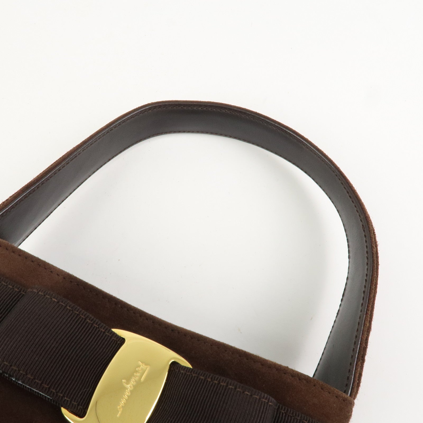 Ferragamo Vara Ribbon Suede Leather Hand Bag Brown Gold