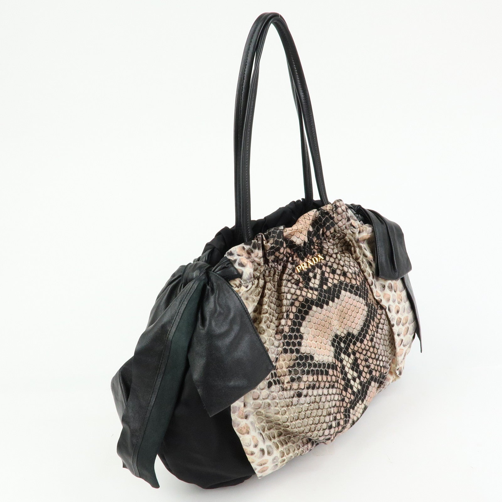 Prada Nylon Leather Ribbon Python Print Tote Bag Black Pink BR4206