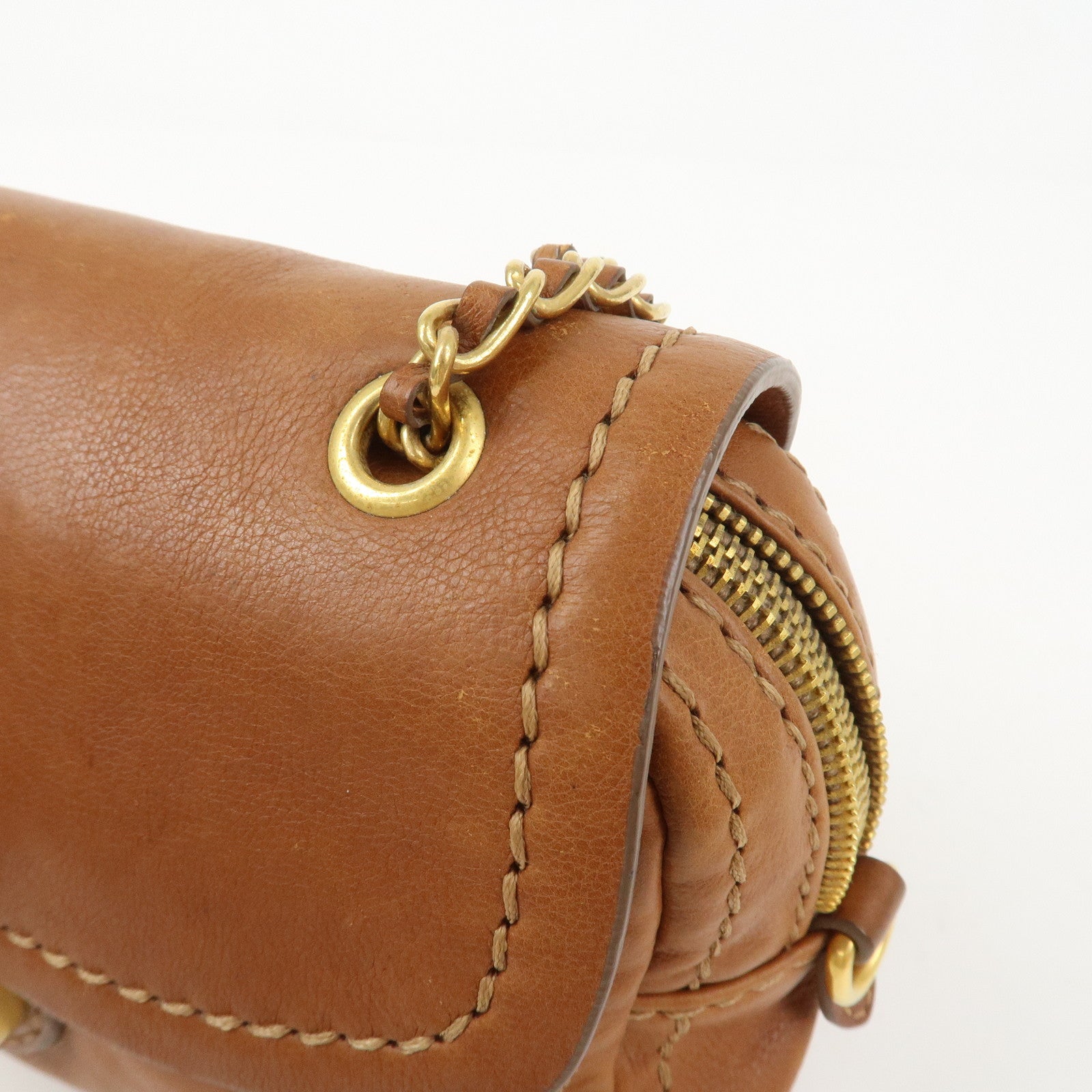 PRADA Logo Leather Chain Shoulder Bag Crossbody Bag Camel