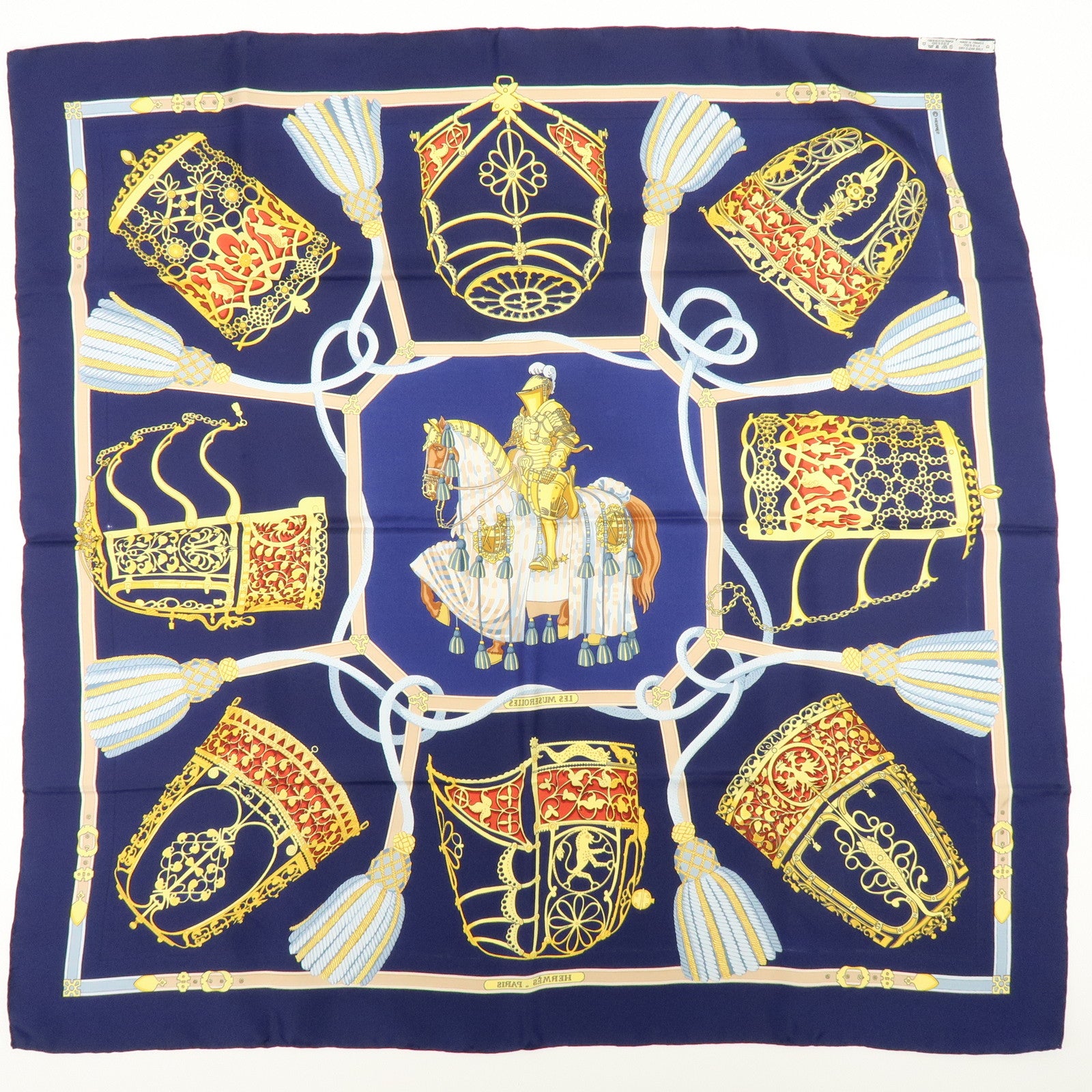 HERMES Carre 90 Silk 100% LES MUSEROLLES Scarf Navy
