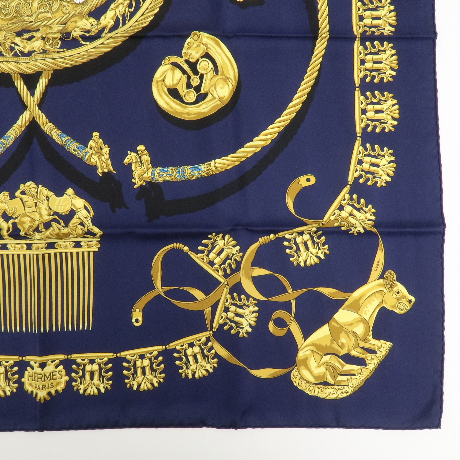 HERMES Carre 90 Silk 100% Scarf LES CAVALIERS D'OR Navy Gold