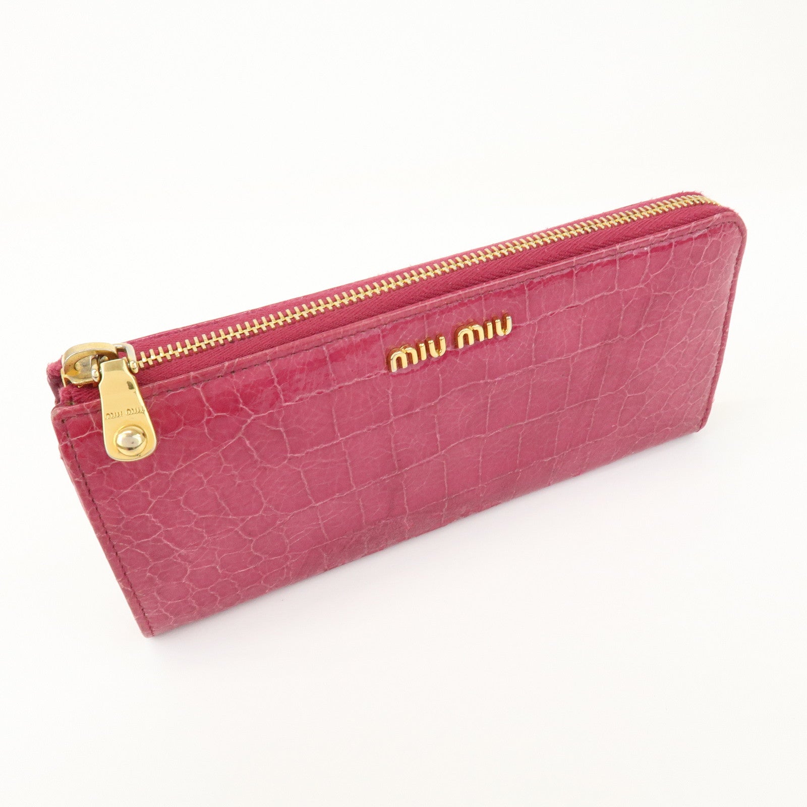 MIU MIU Logo Embossed Leather Zippy Long Wallet Pink Gold