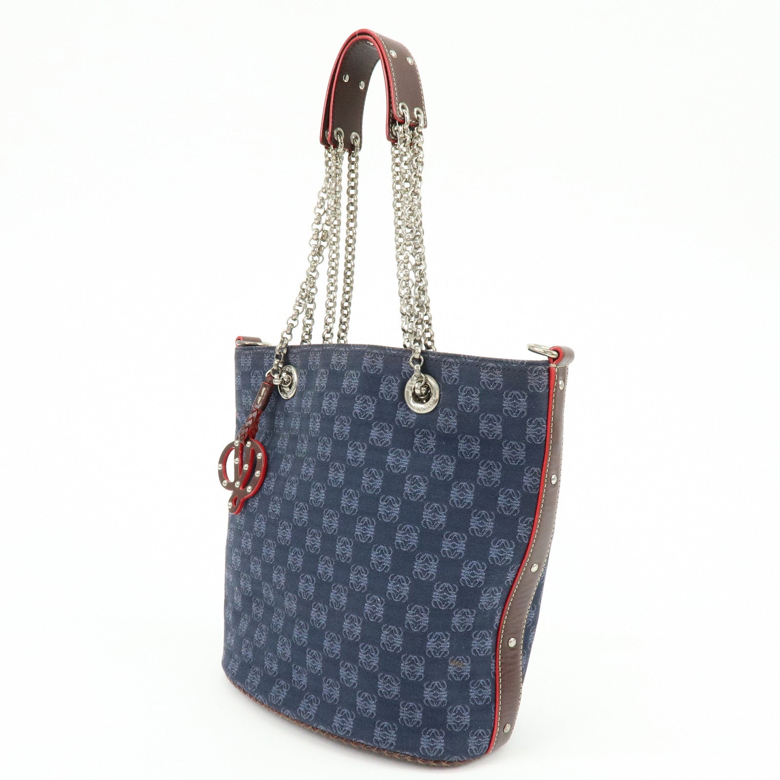 LOEWE Repeat Anagram Canvas Leather Shoulder Bag Blue Brown