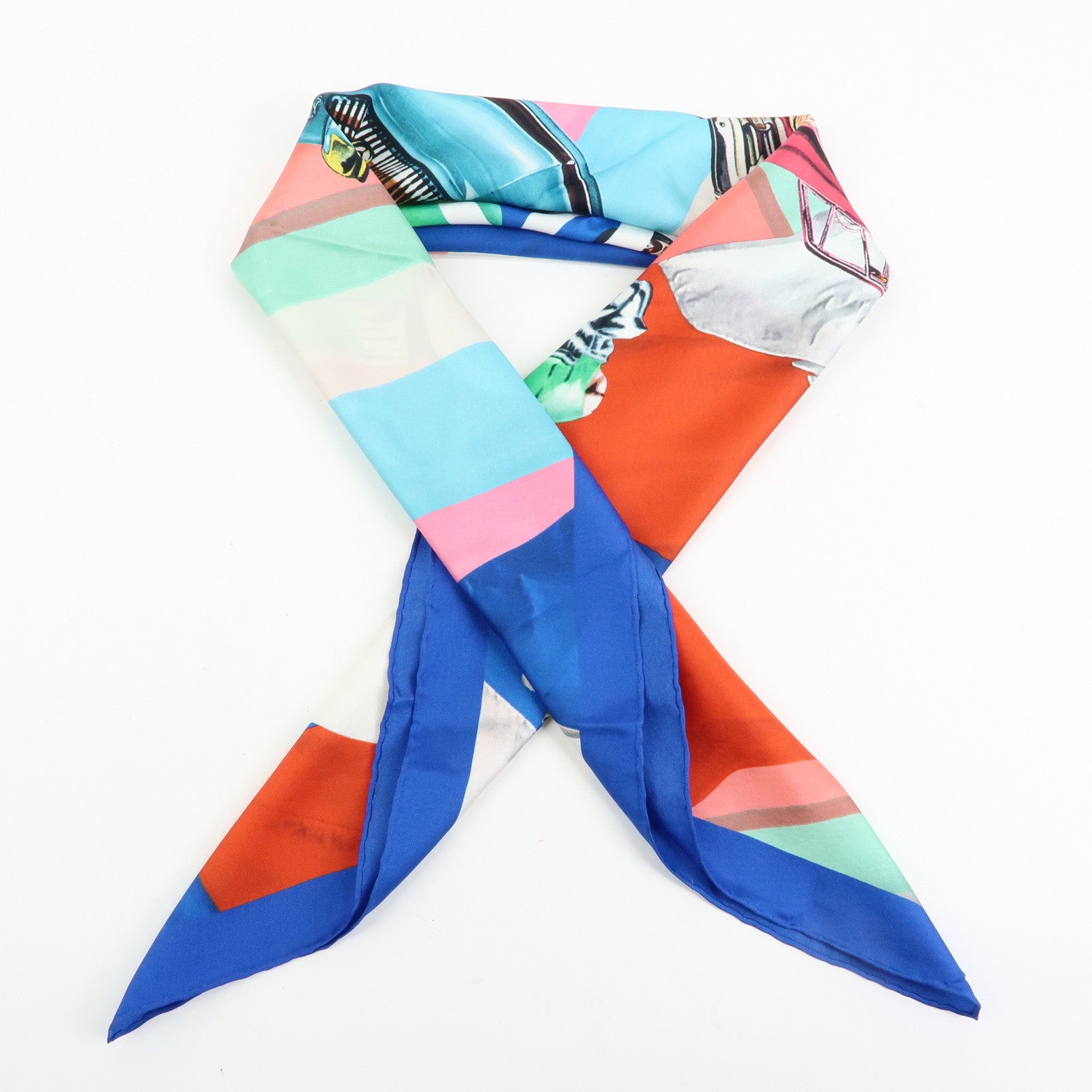 CHANEL Silk 100% Scarf Classic Car Print Blue Pink