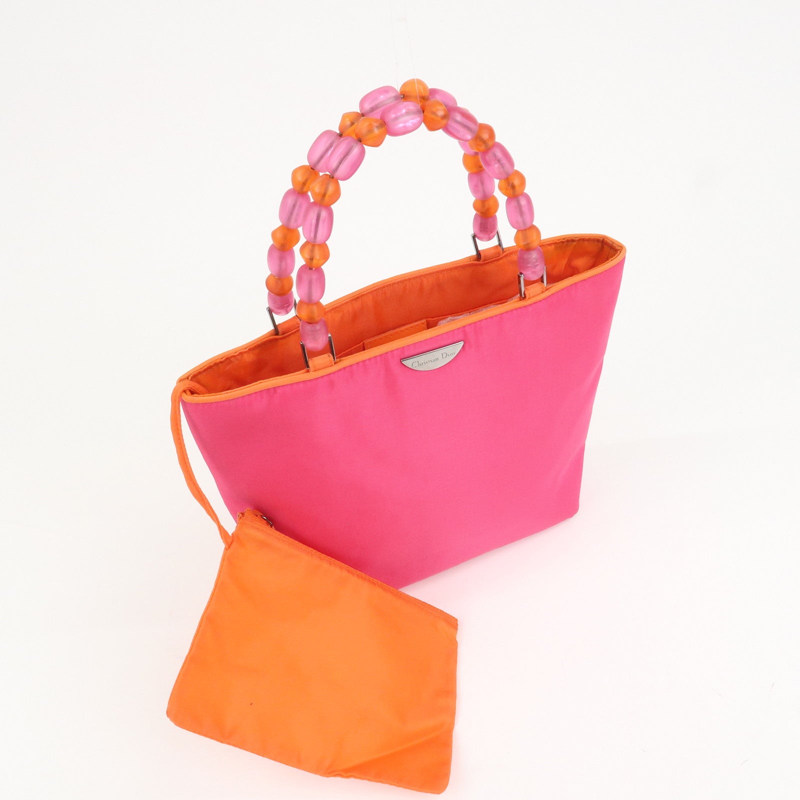 Christian Dior Malice Pearl Logo Nylon Hand Bag Pink Orange