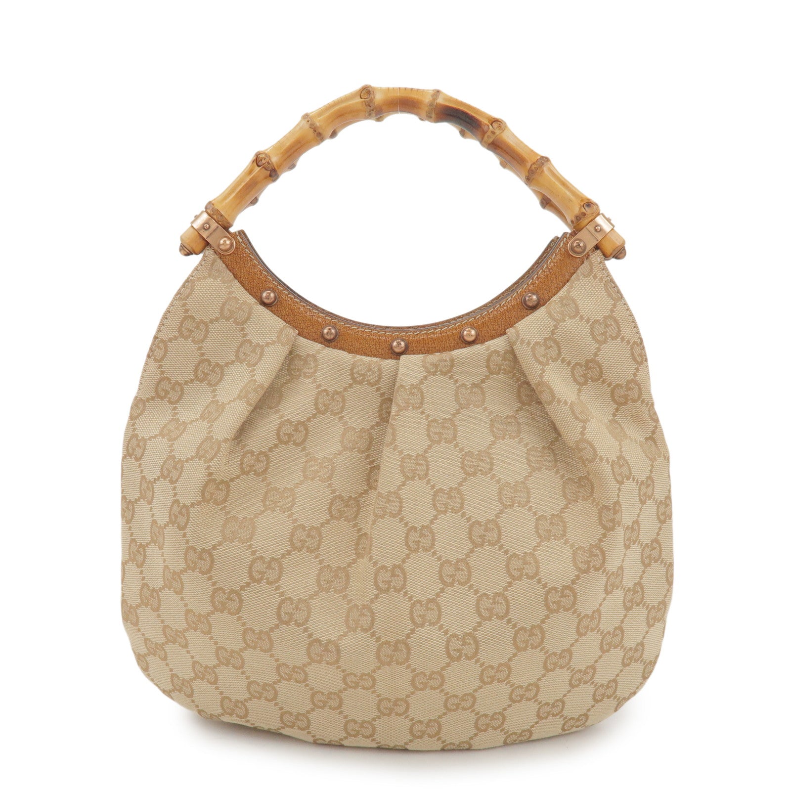GUCCI Bamboo GG Canvas Leather Hand Bag Beige 124297