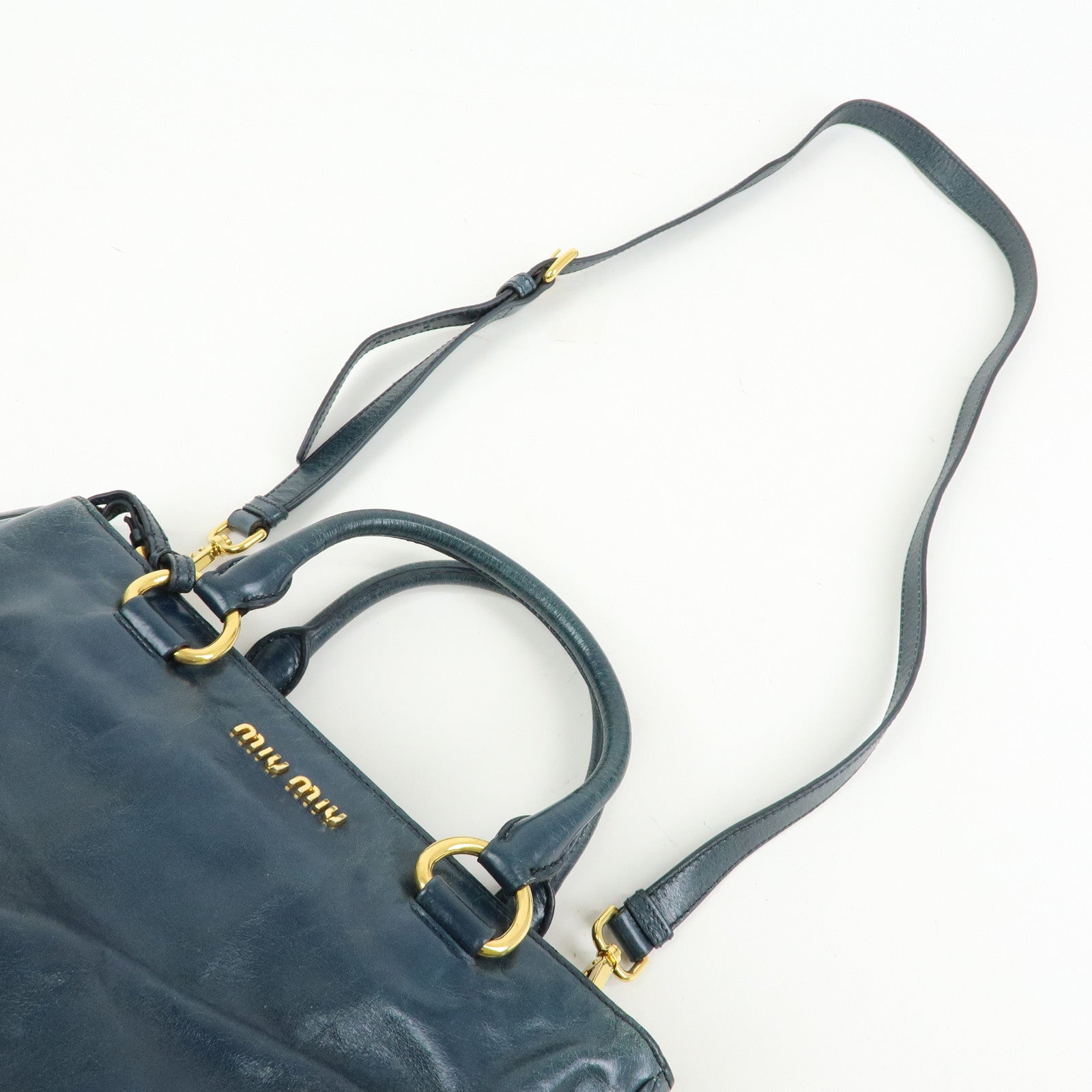 MIU MIU Logo Leather 2Way Bag Hand Bag Shoulder Bag Navy