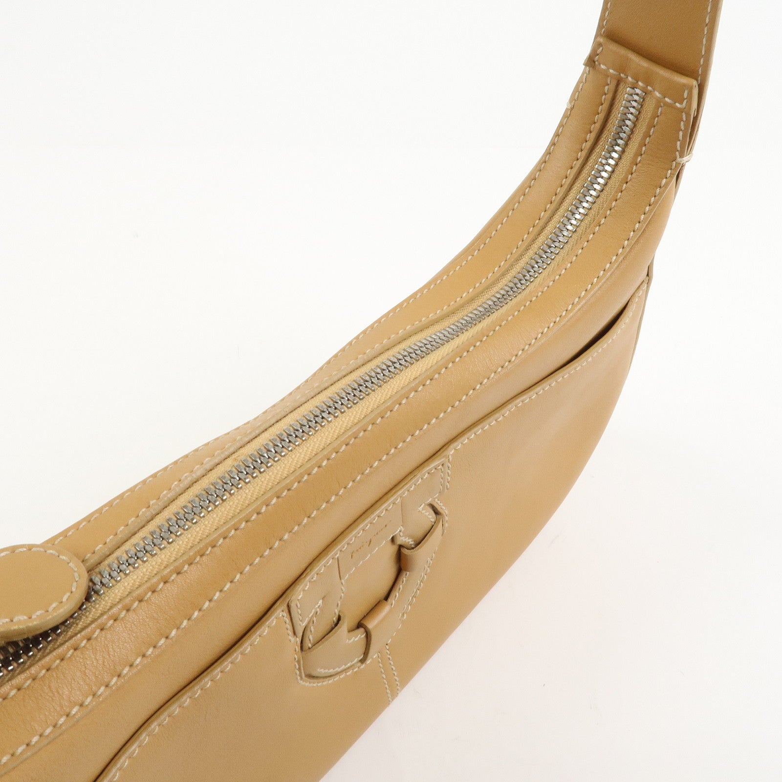 Ferragamo Gancini Leather Shoulder Bag Hand Bag Light Brown