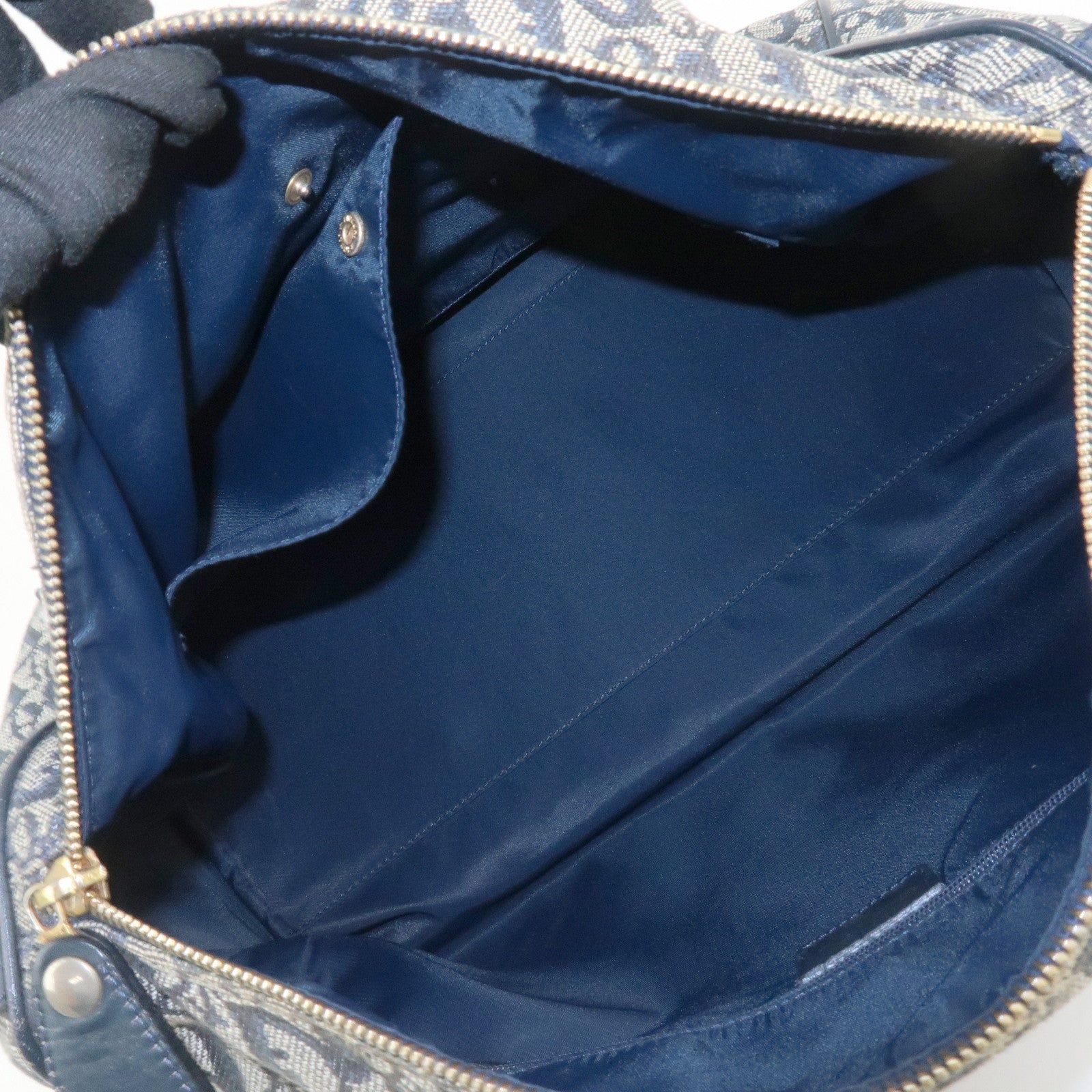 Christian Dior Trotter Jacquard Canvas Leather Boston Hand Bag Navy