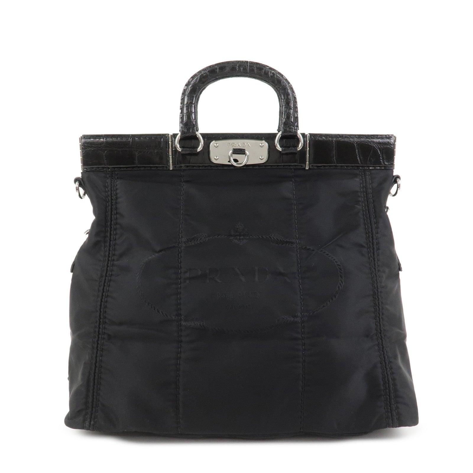 PRADA Triangle Logo Nylon Embossed Leather Hand Bag Black