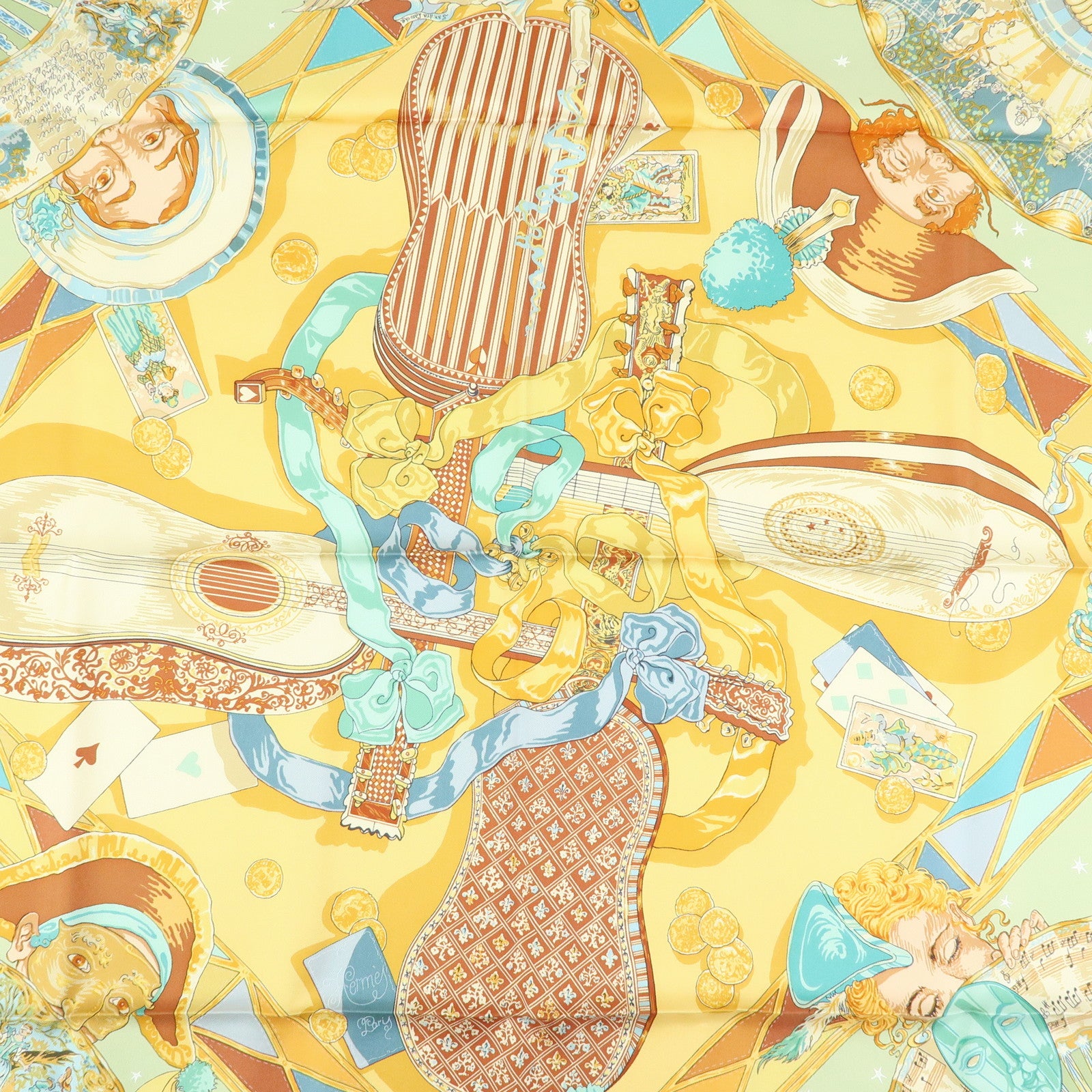 HERMES Carre90 Silk100% Scarf Mon Ami Pierrot Green Yellow Beige