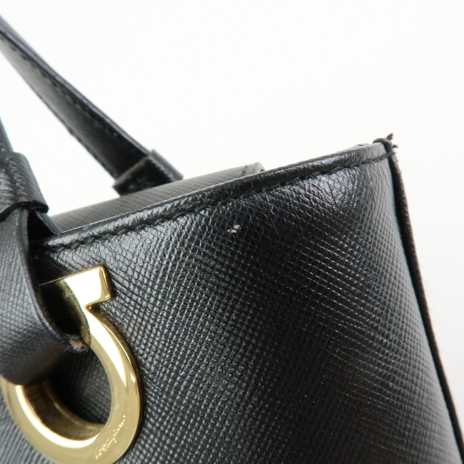 Ferragamo Gancini Leather Tote Bag Hand Bag Bucket Bag Black