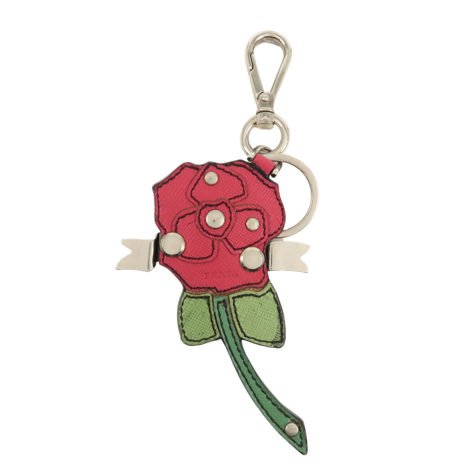 PRADA Rose Motif Leather Bag Charm Key Chain Red Green 1AR290