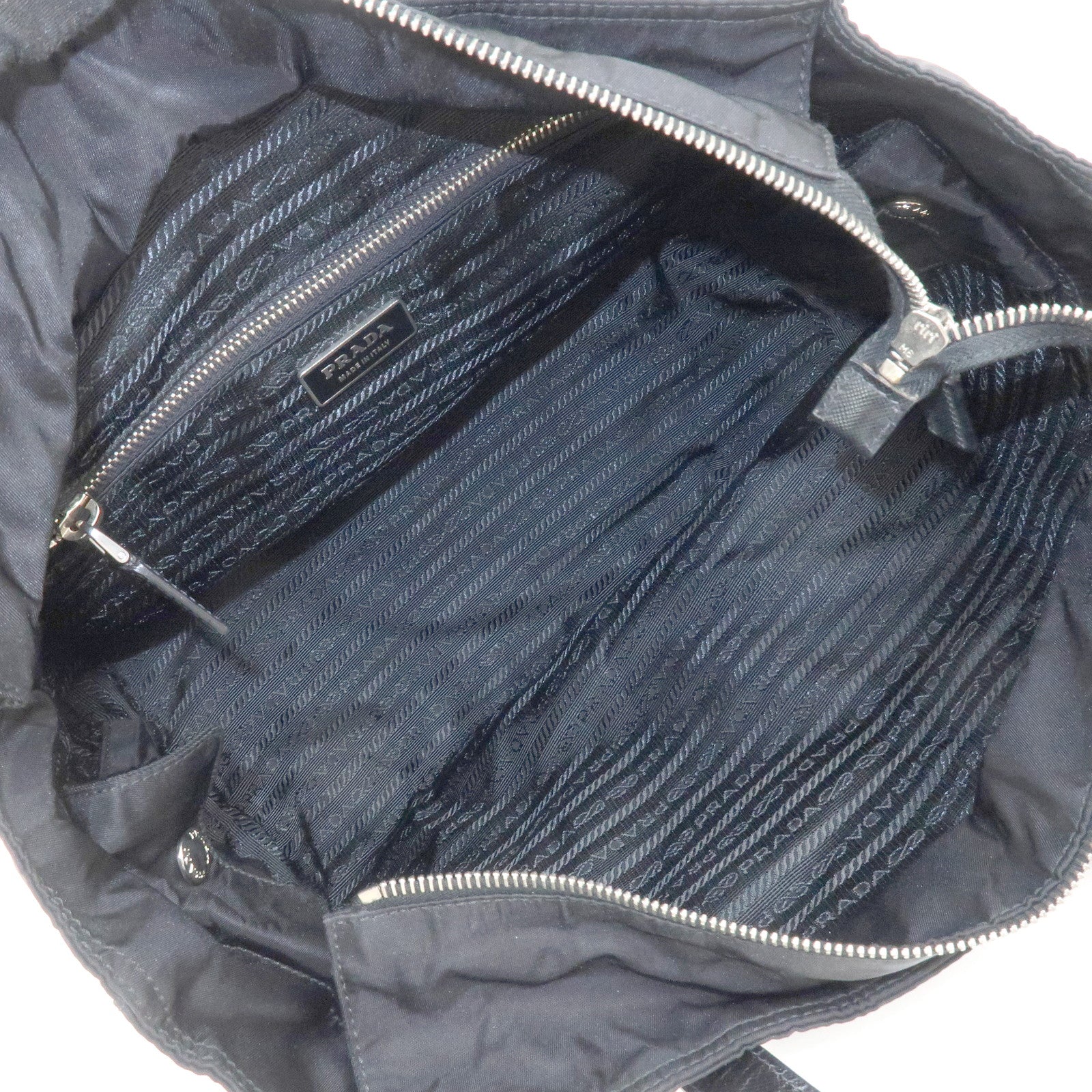 PRADA Triangle Logo Nylon Saffiano Leather Tote Shoulder Bag Black