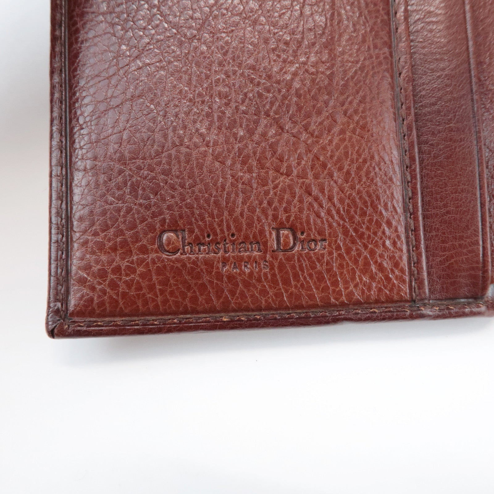 Christian Dior Leather Flower Embroidery Motif Compact Wallet Brown