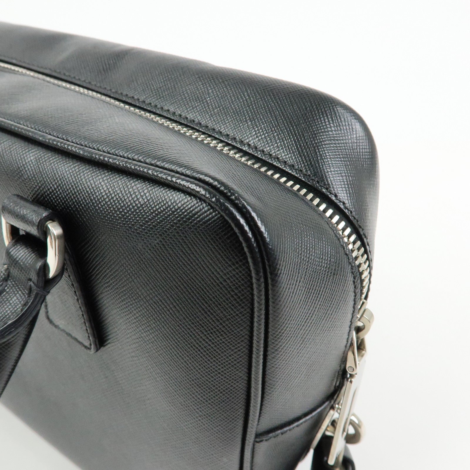 PRADA Triangle Logo Saffiano Leather Hand Bag Boston Bag Black