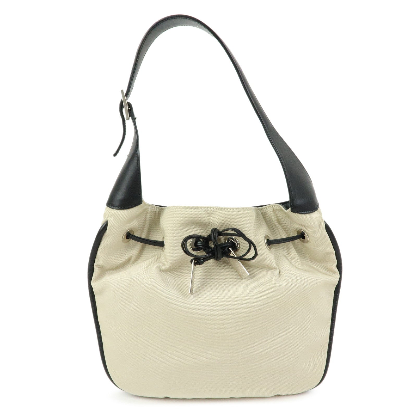 GUCCI Nylon Leather Drawstring Shoulder Bag Beige Black 001.4034