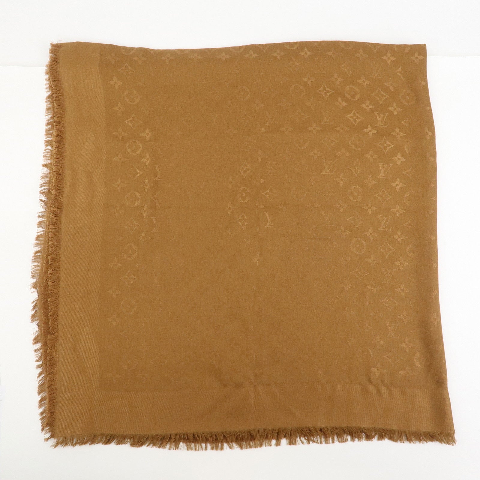 Louis Vuitton Monogram Silk Wool Shawl Scarf Light Brown M71155