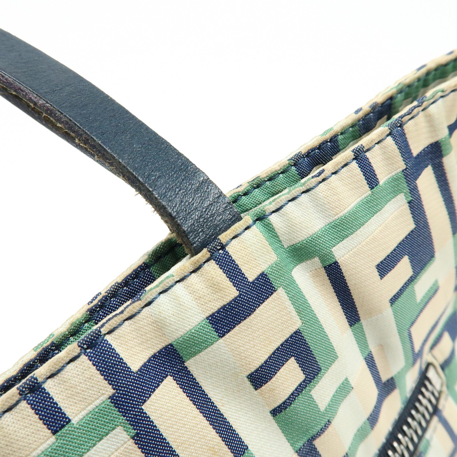 FENDI Zucca Nylon Leather Tote Bag Shoulder Bag Navy Green