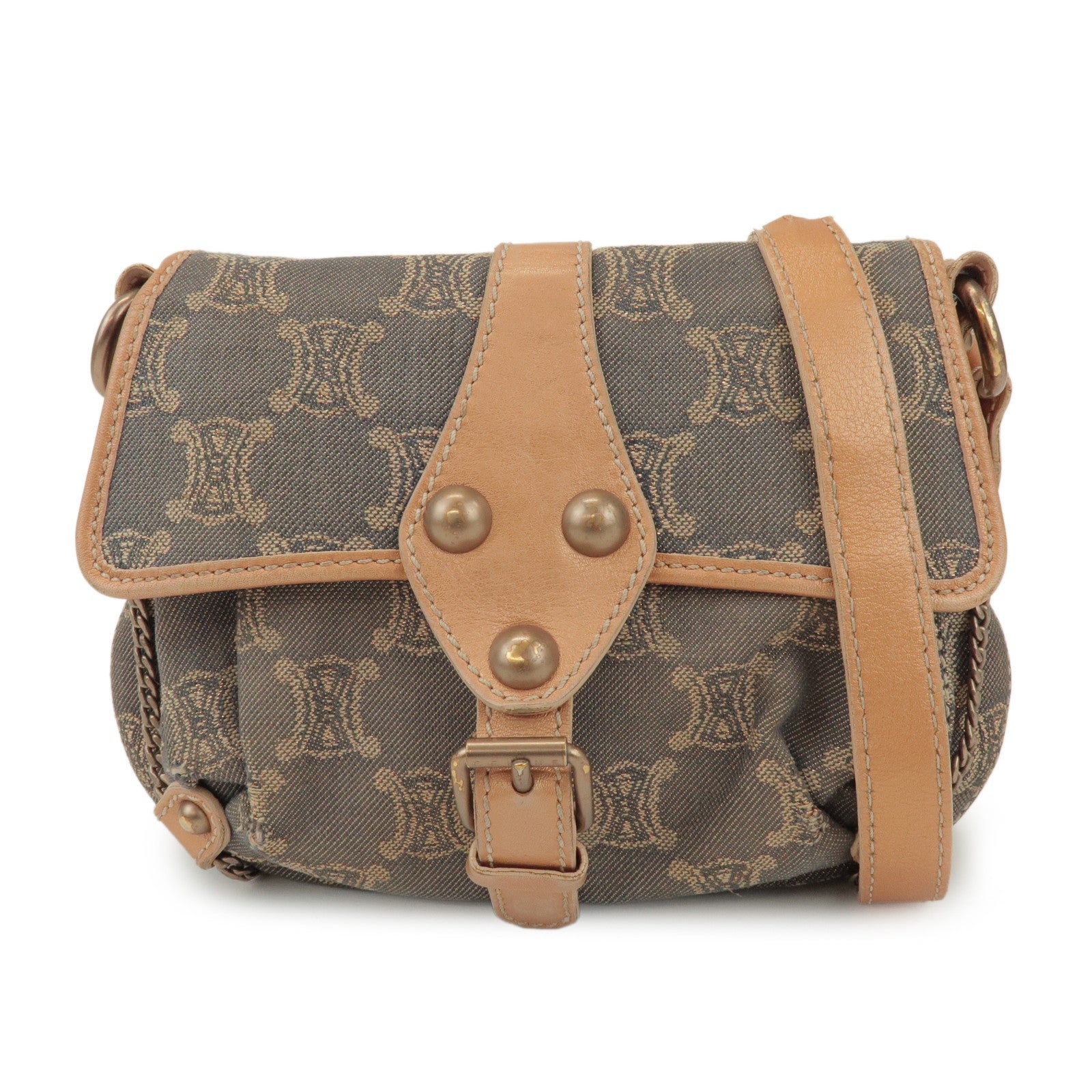 CELINE Macadam Denim Leather Shoulder Bag Metallic Pink Beige