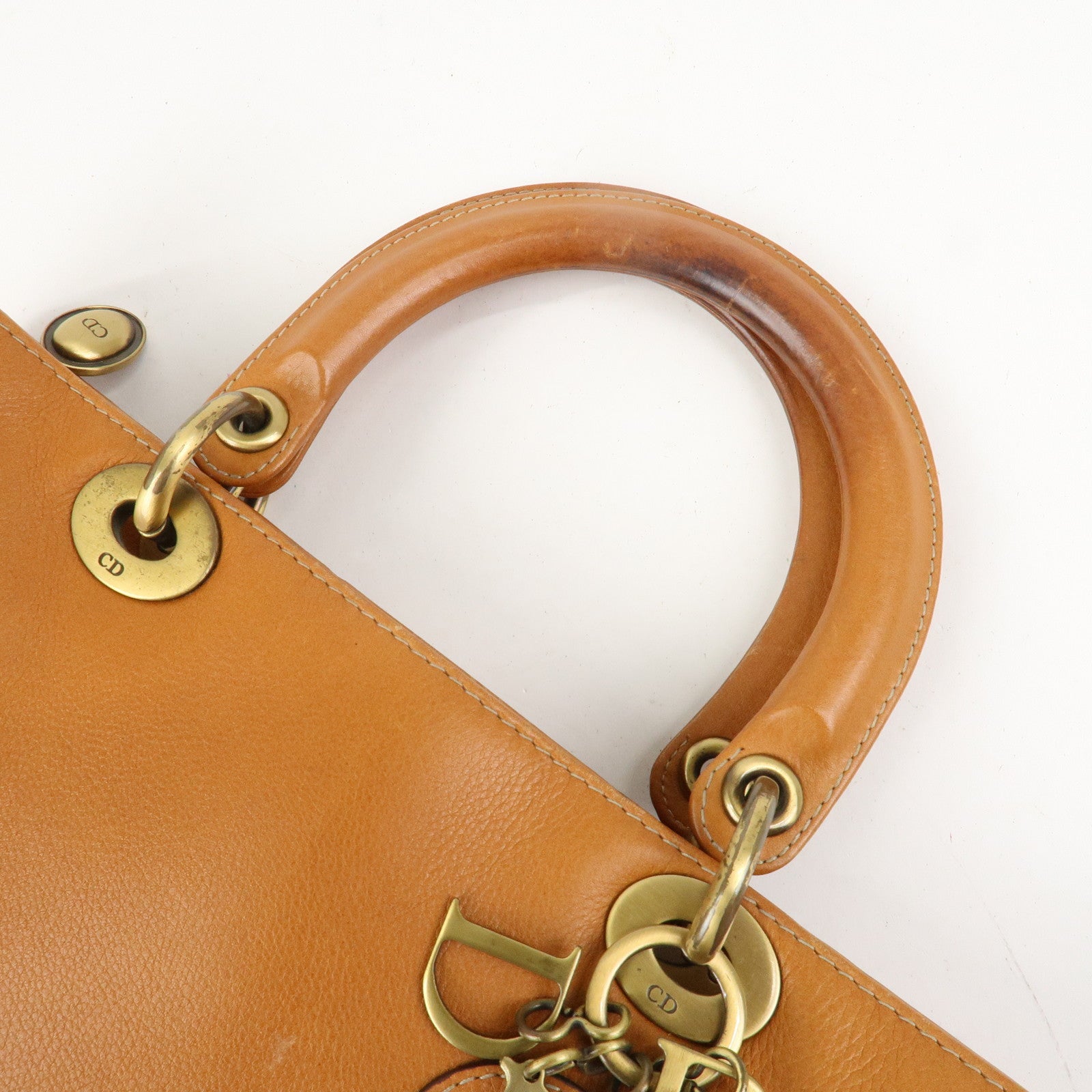 Christian Dior Lady Dior Leather Tote Bag Hand Bag Brown Gold