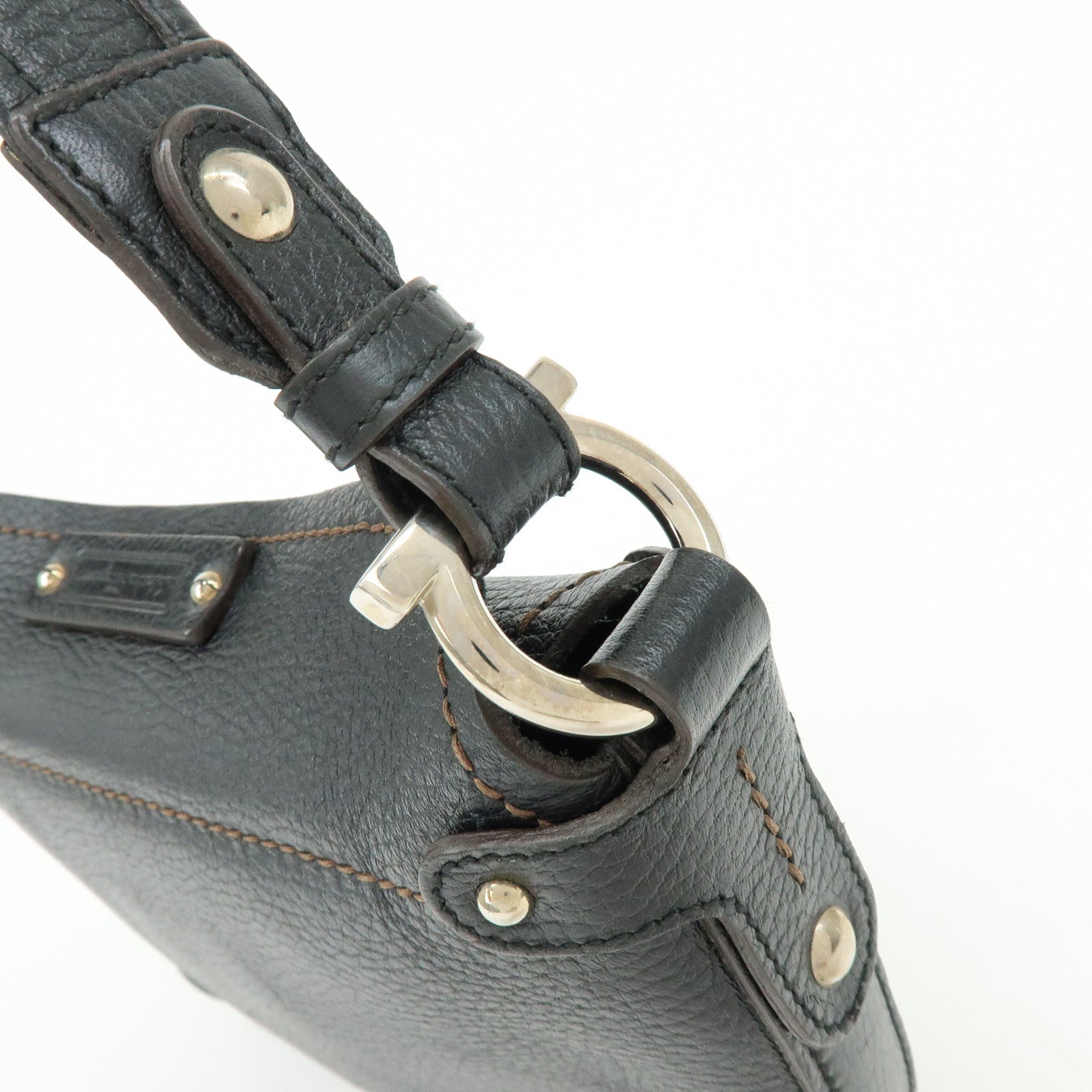 Ferragamo Gancini Leather Shoulder Bag Hand Bag Black