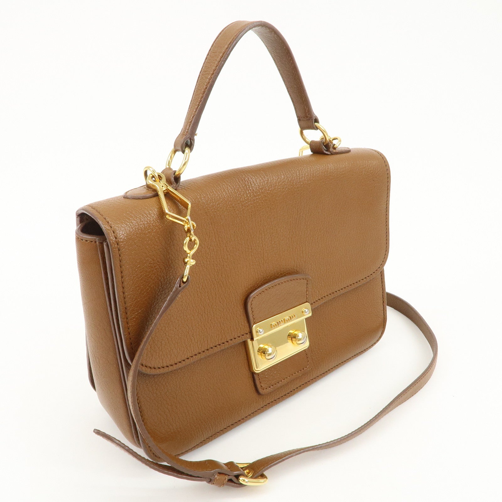 MIU MIU Leather 2Way Bag Hand Bag Brown Gold HDW RN0726 Used