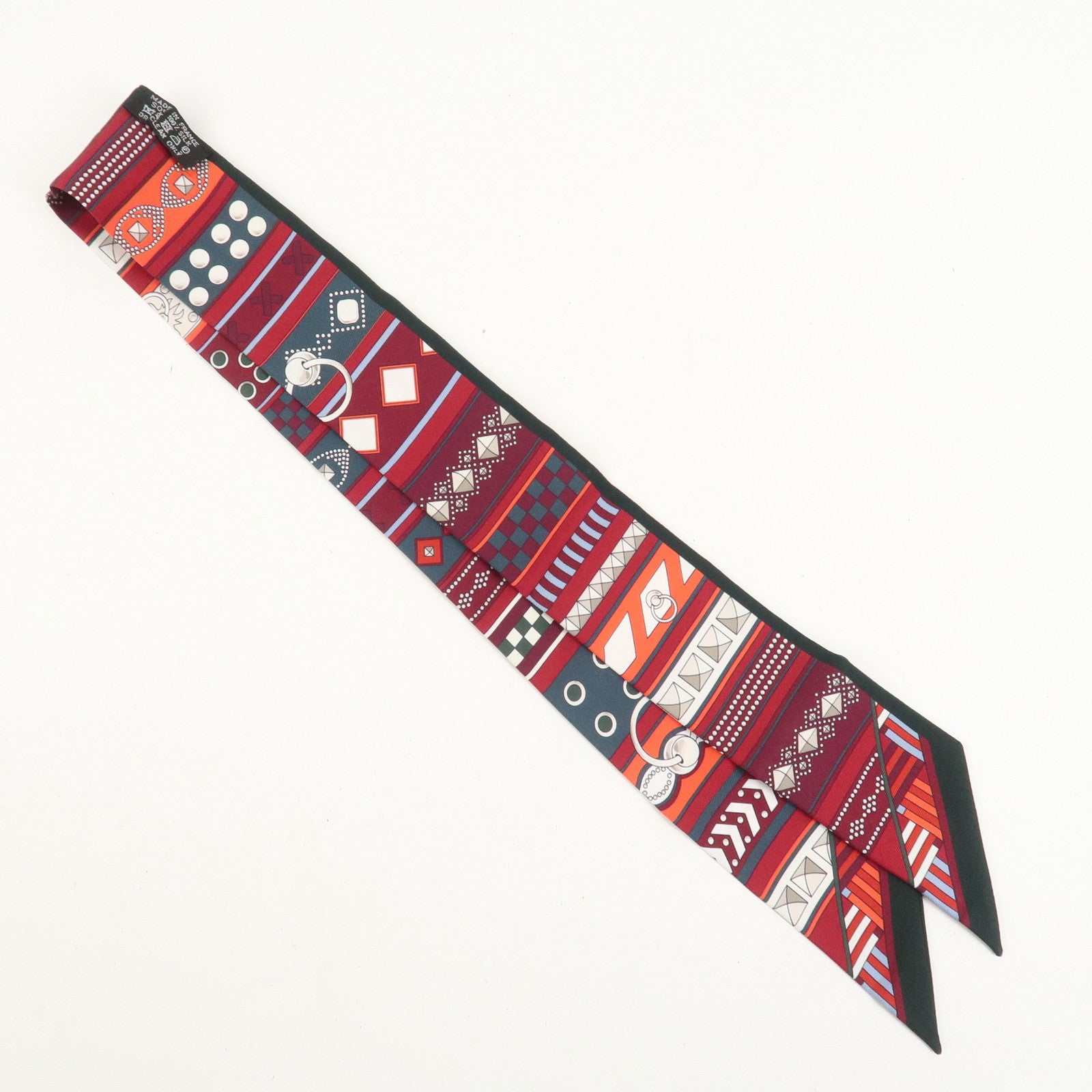 HERMES Twilly Silk 100% Scarf COLLIERS DE CHIENS REMIX Green Red