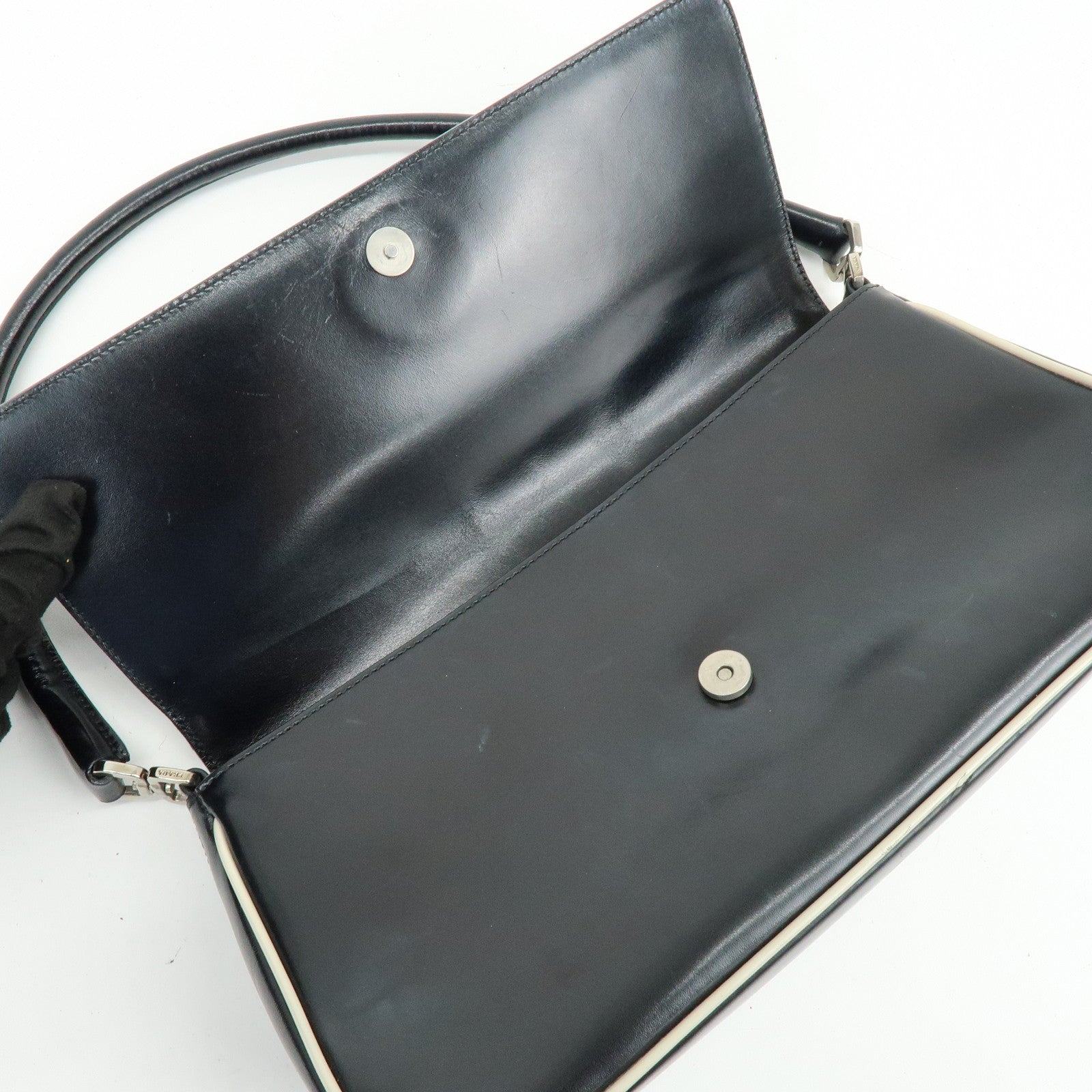 PRADA Logo Leather Shoulder Bag Hand Bag Black White
