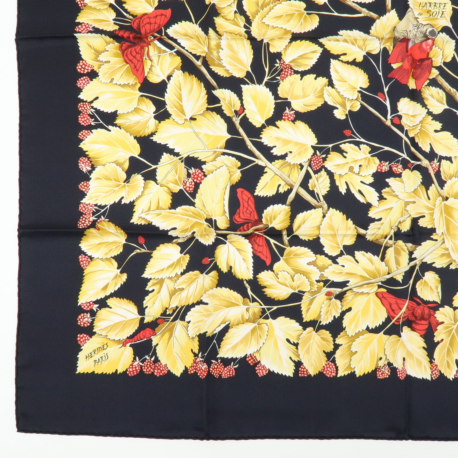 HERMES Carre 90 Silk 100% Scarf l'ARBRE de SOiE Black Yellow Red