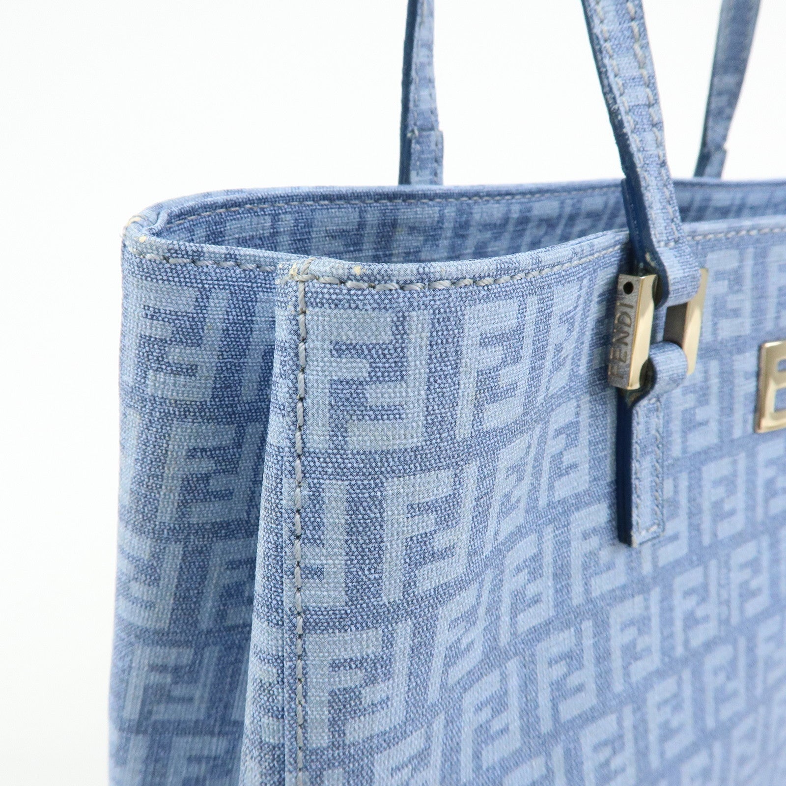 FENDI Logo Zucchino PVC Hand Bag Tote Bag Light Blue 8BH132