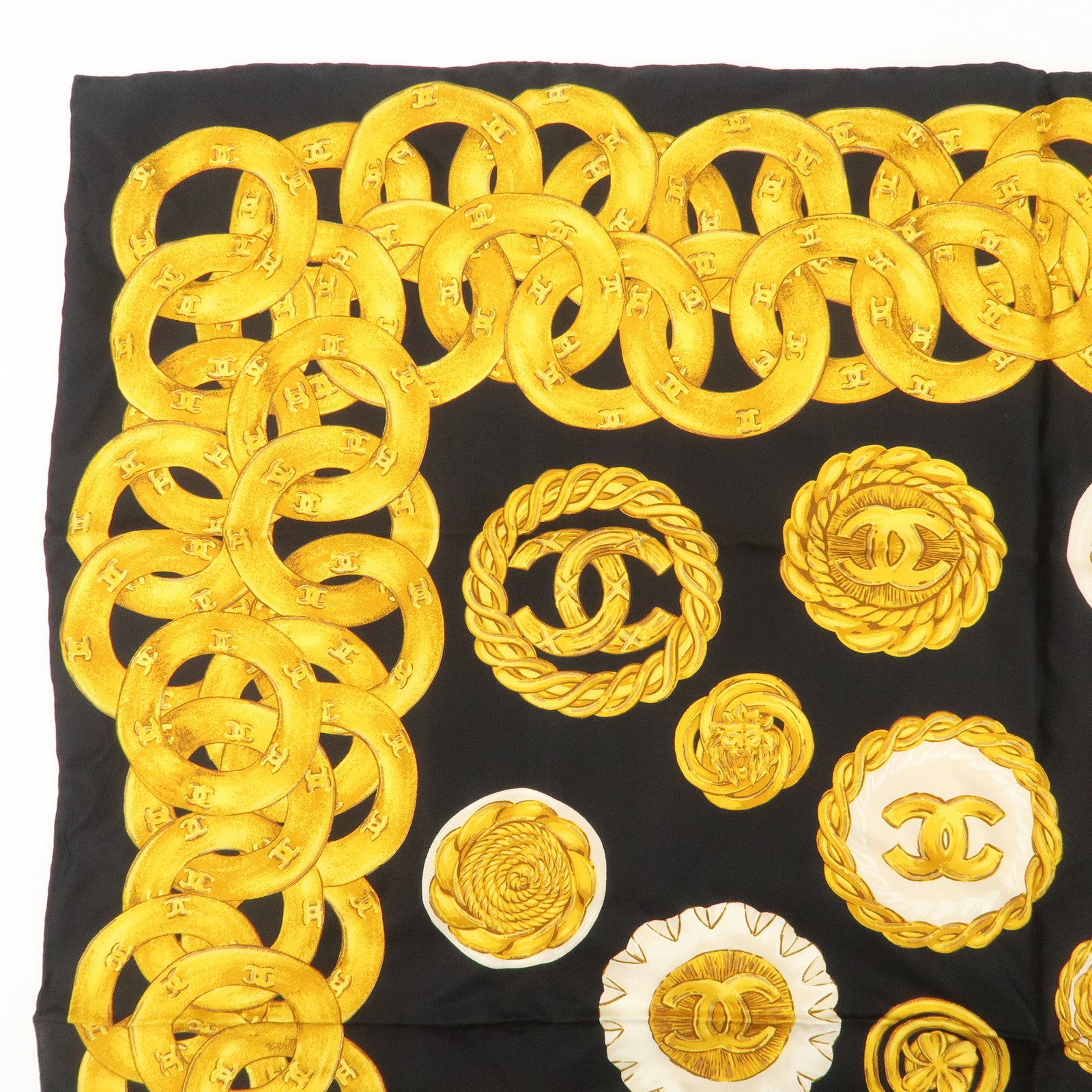CHANEL COCO Mark Silk 100% Scarf Chain Pattern Black Gold Used